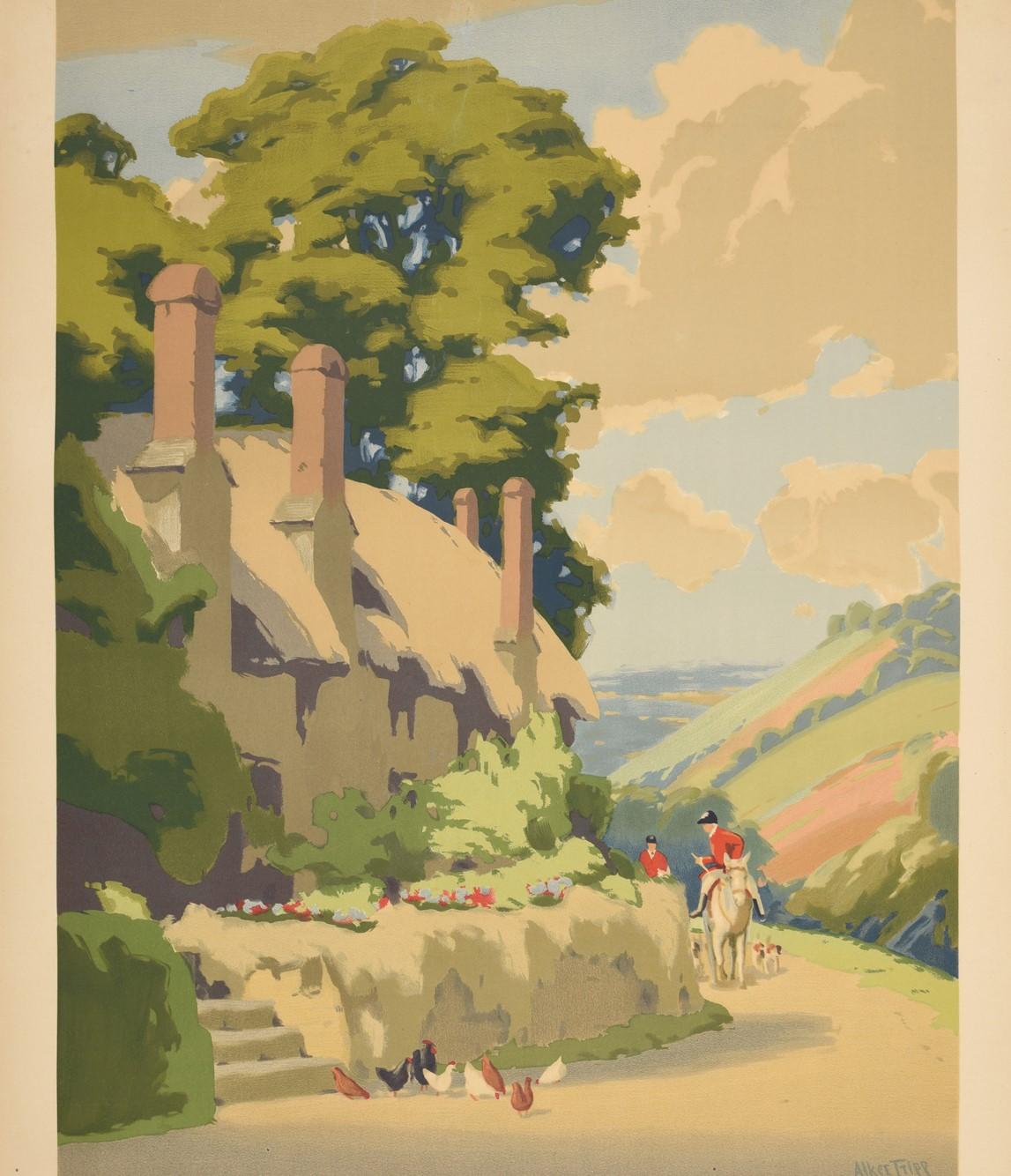 Original GWR Great Western Railway Plakat für Somerset mit einer malerischen Landschaftsansicht von Herbert Alker Tripp (1883-1954) mit Bäumen im Hintergrund und Blumen auf dem Gras vor einem traditionellen strohgedeckten Cottage mit einem