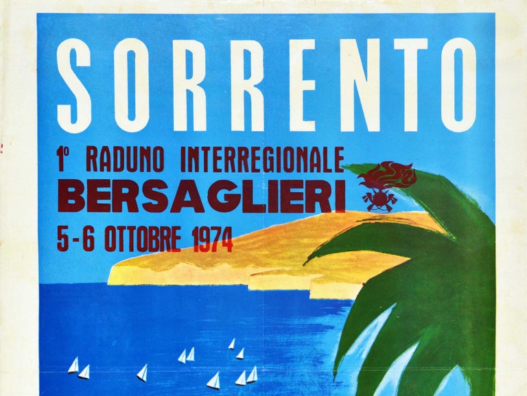 Original vintage travel poster for the coastal town of Sorrento on the Bay of Naples in southwestern Italy showing an image by the Italian artist Mario Puppo (1913-1989) framed by a palm tree of a lady in traditional colourful dress leading a horse