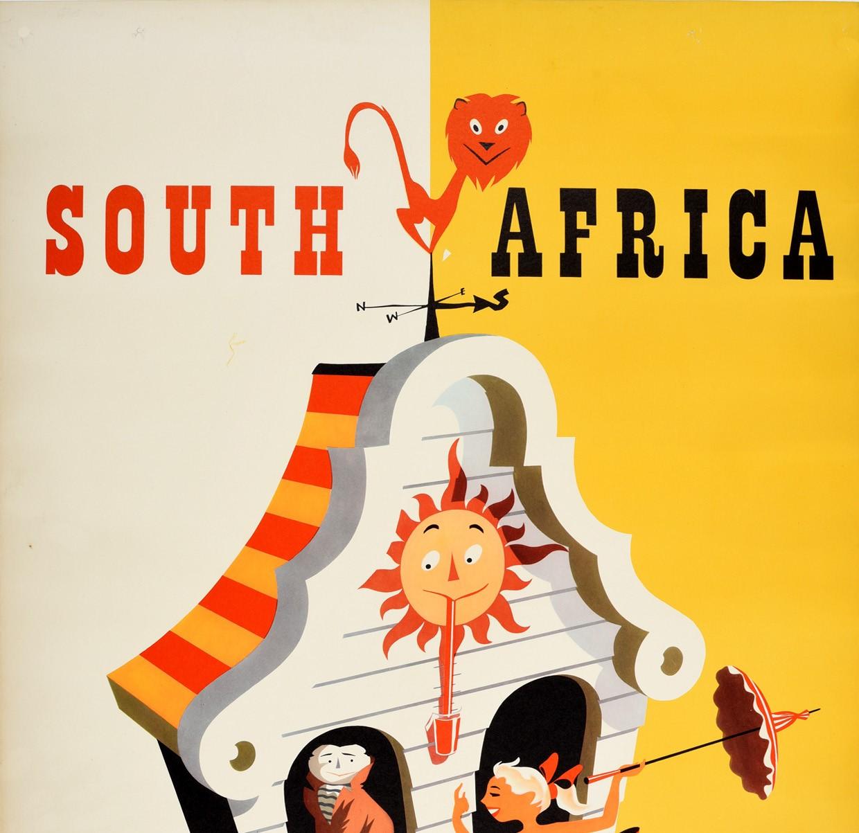 Original vintage cruise travel poster - South Africa come on out by Union-Castle the weather's wonderful - featuring a fun and colourful design depicting a smiling young lady in a red bikini and red bow holding a red and white parasol umbrella in