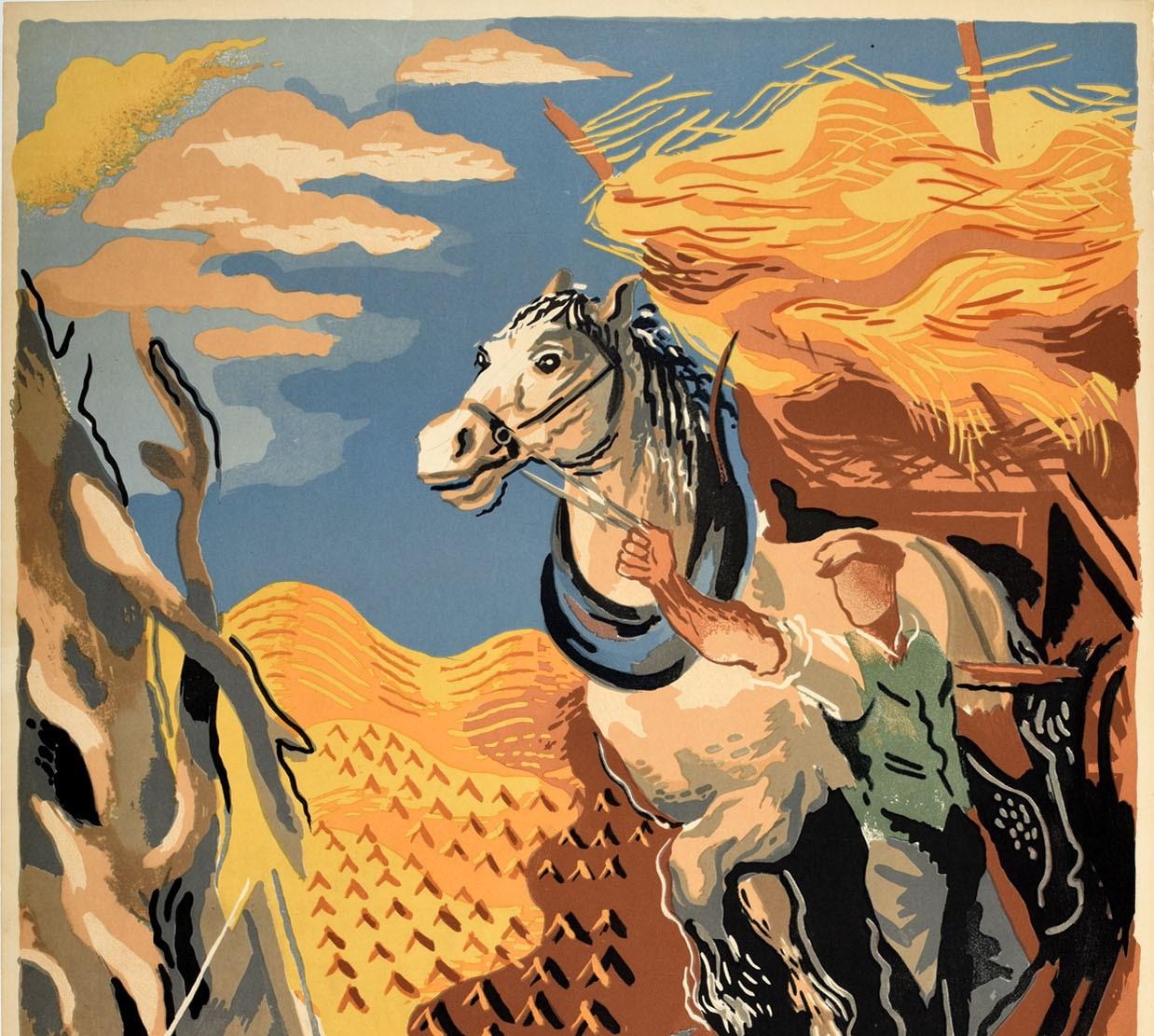 Original London Transport Reiseplakat - South - mit einem Kunstwerk von John Mansbridge (1901-1981), das eine ländliche Ansicht eines Mannes zeigt, der ein Pferd mit Heu auf dem Wagen führt, mit landwirtschaftlichen Feldern im Hintergrund unter dem