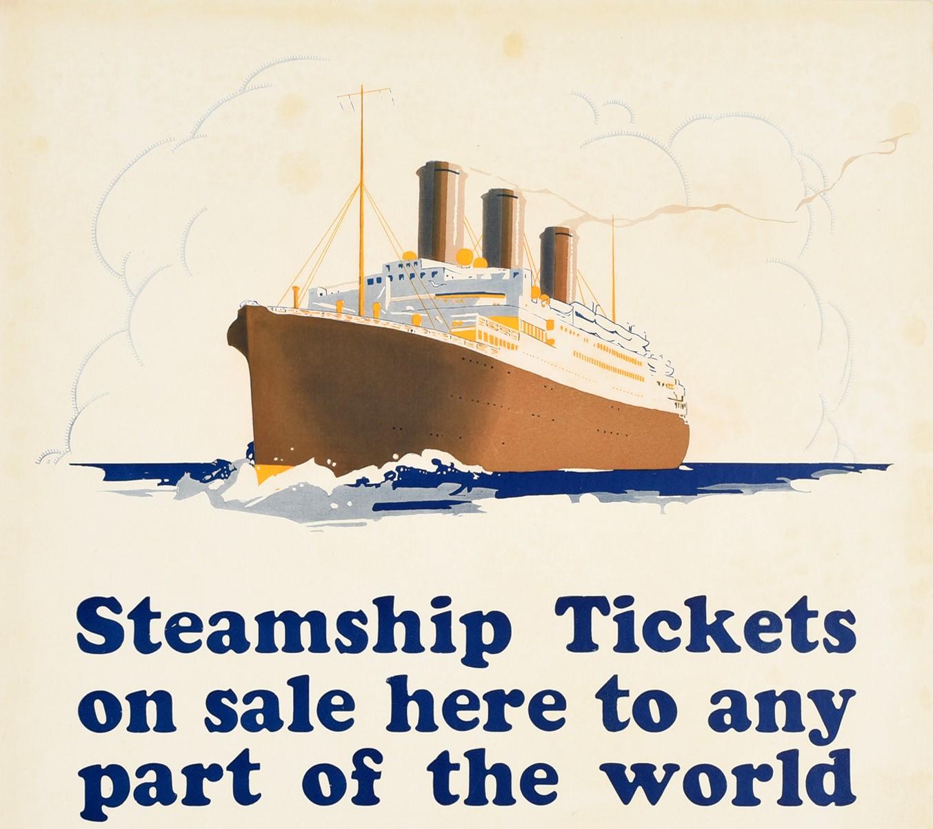 Original vintage cruise travel advertising poster issued by Southern Pacific featuring an ocean liner sailing at sea with the steam rising into a lightly cloudy sky above the bold blue stylised text - Steamship Tickets on sale here to any part of