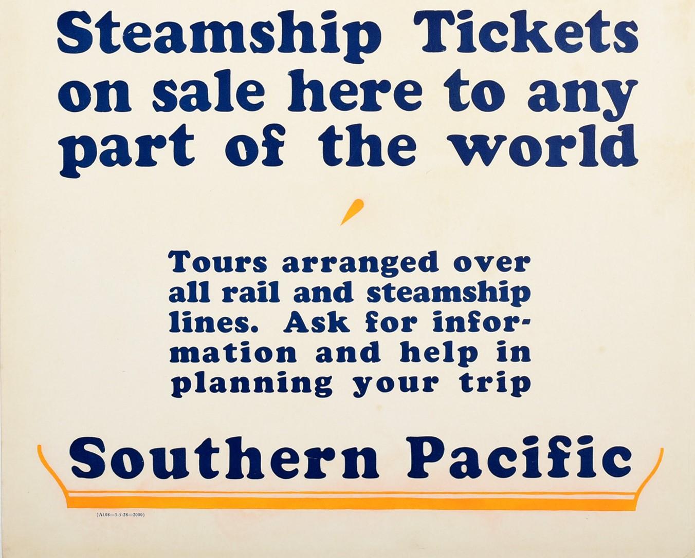 Américain Affiche rétro originale, Southern Pacific Steamship, Voilier, Compagnie de croisière, Art en vente