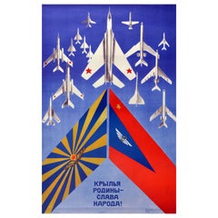 Original Retro Poster Soviet Air Force Wings Of Motherland Glory USSR Military