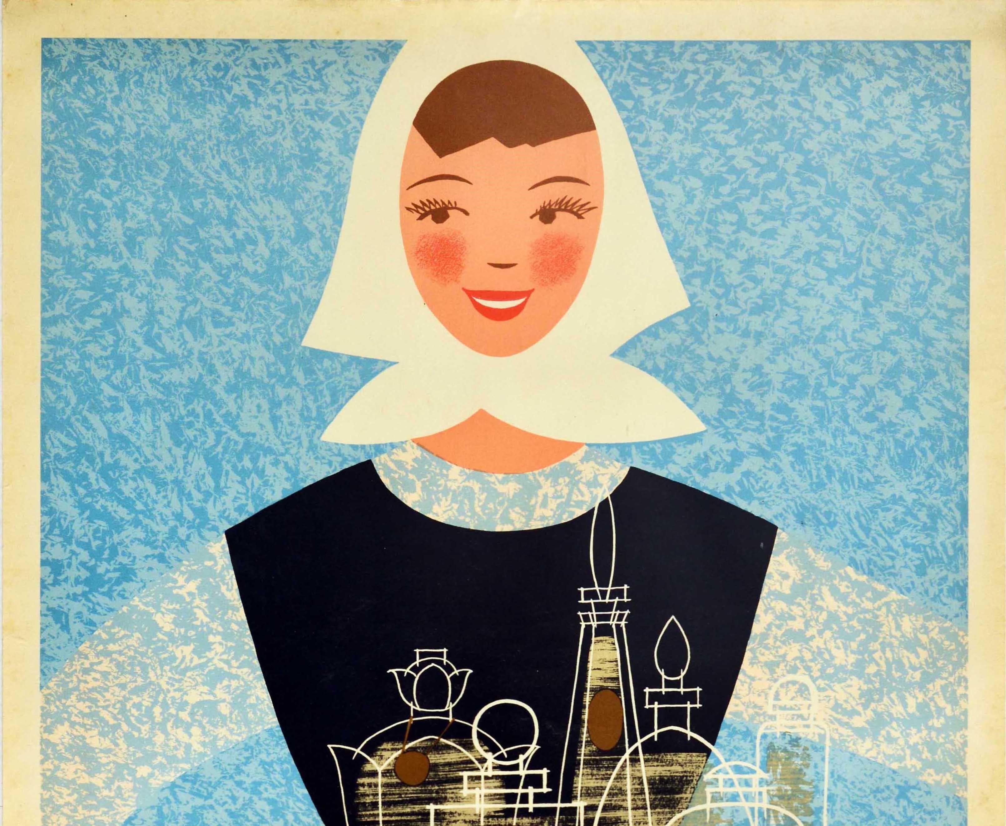 Original vintage advertising poster - Perfumery Sojuzchimexport Moscow - featuring a mid century modern design depicting a smiling young lady dressed in a blue and white top, brown skirt and white headscarf, holding a cloth with glass jars of