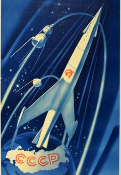 Original Vintage Poster Soviet Rocket Universe Exploration Space Race Propaganda