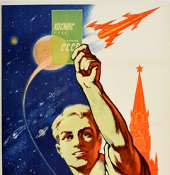 Original Vintage Poster Soviet Space Exploration Propaganda Rocket Travel Cosmos