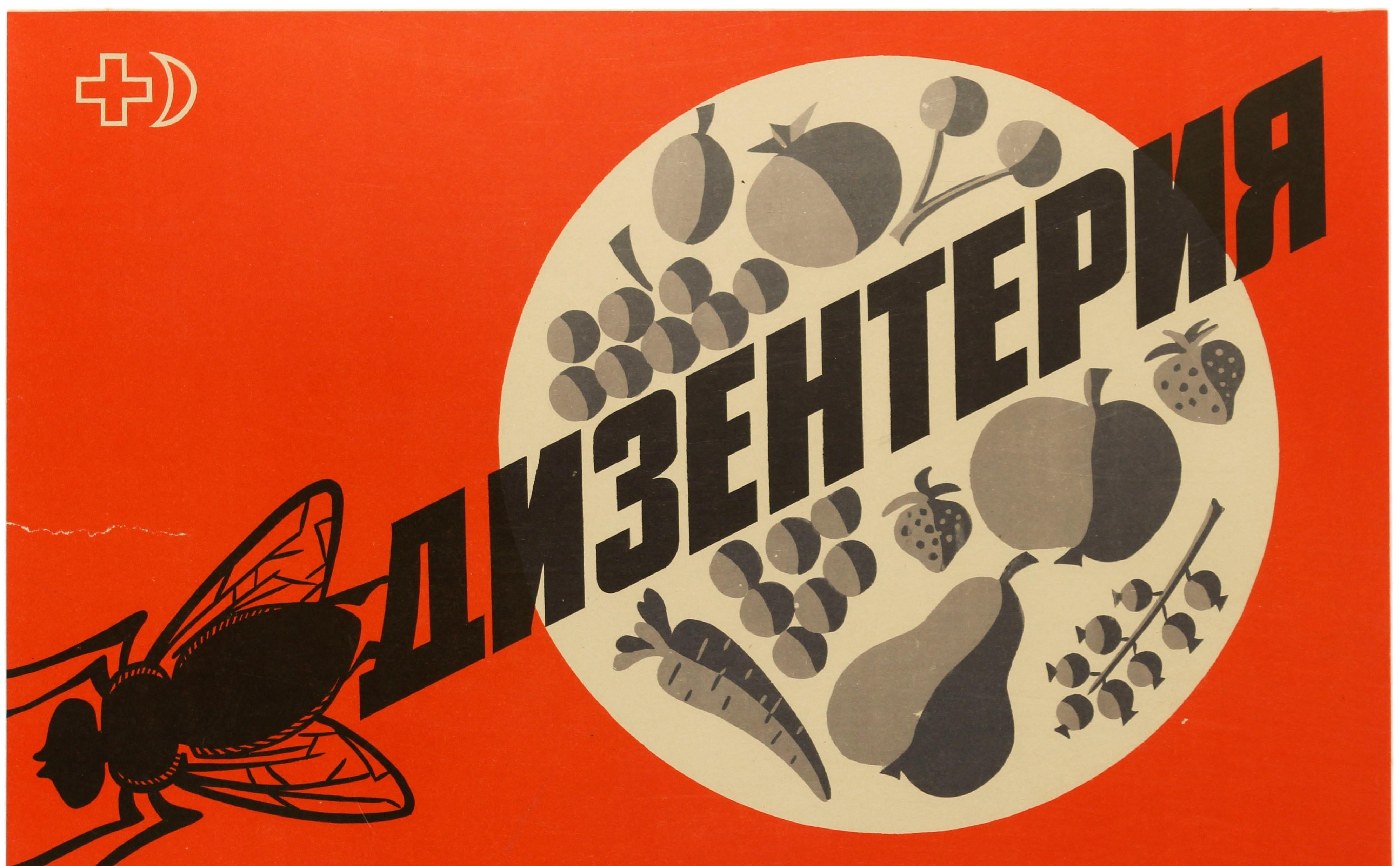 Original vintage Soviet food and health care awareness propaganda poster, Dysentery Flies Kill!, featuring a striking design showing a black fly leaving a trail of disease in the form of the word dysentery in bold letters on a highlighted circle of