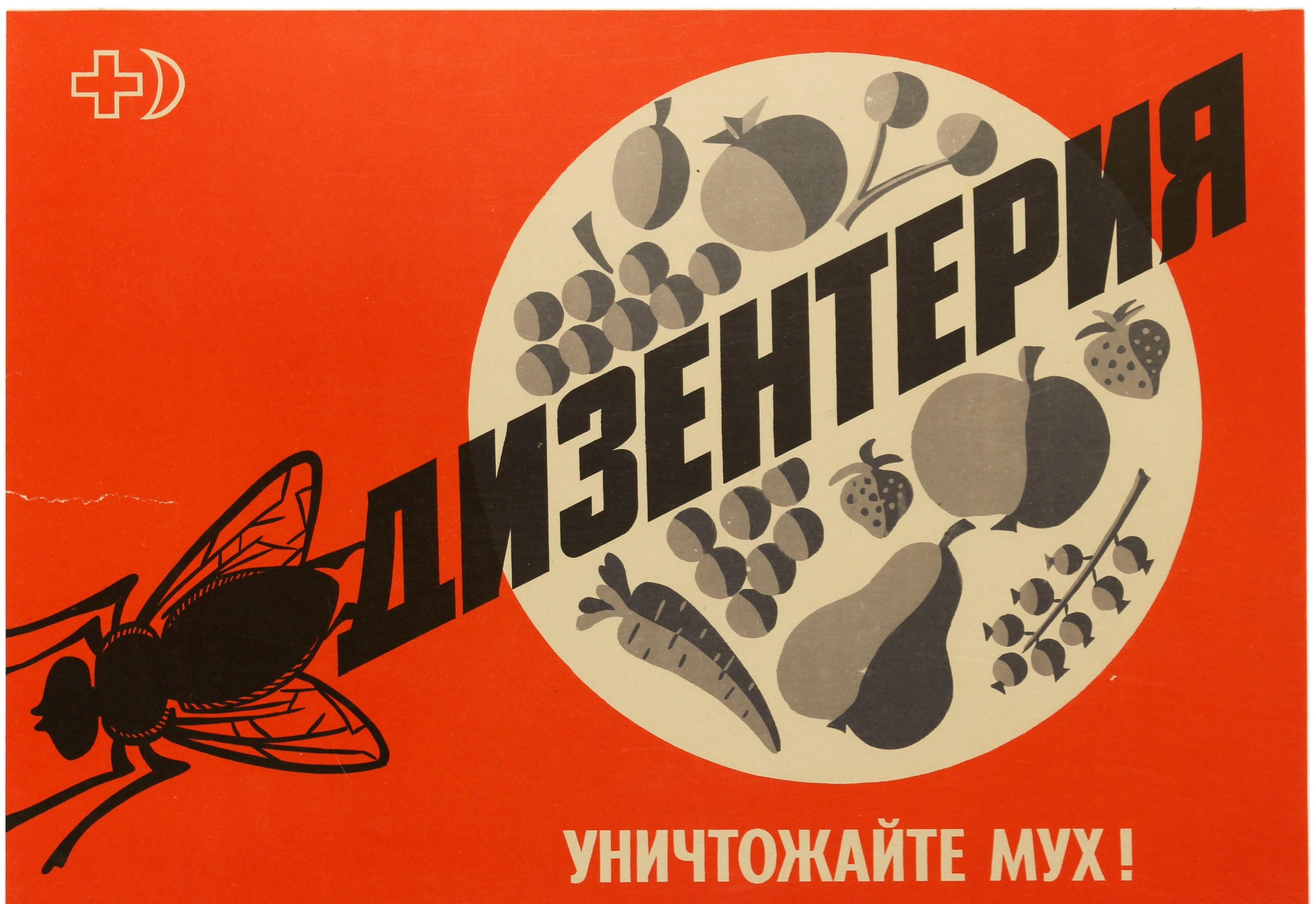 Original Vintage Poster Soviet USSR Health Food Propaganda Dysentery Flies Kill In Good Condition In London, GB
