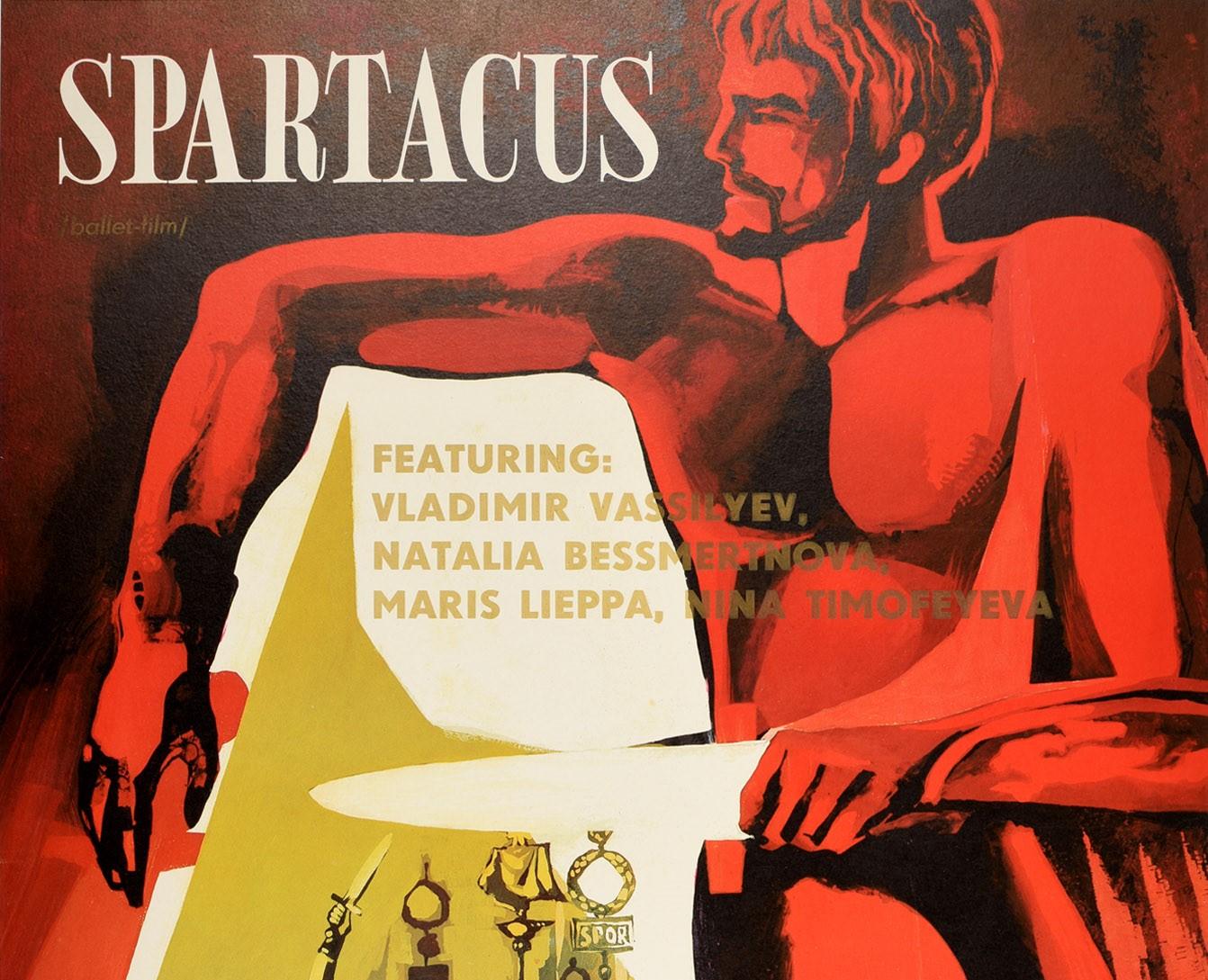 Original vintage Soviet film poster for the Bolshoi Ballet performance of Spartacus directed by Vadim Derbenyov and Yuri Grigorovich and featuring Vladimir Vasilev (b.1940) as the gladiator Spartacus who led the slave uprising against the Romans,