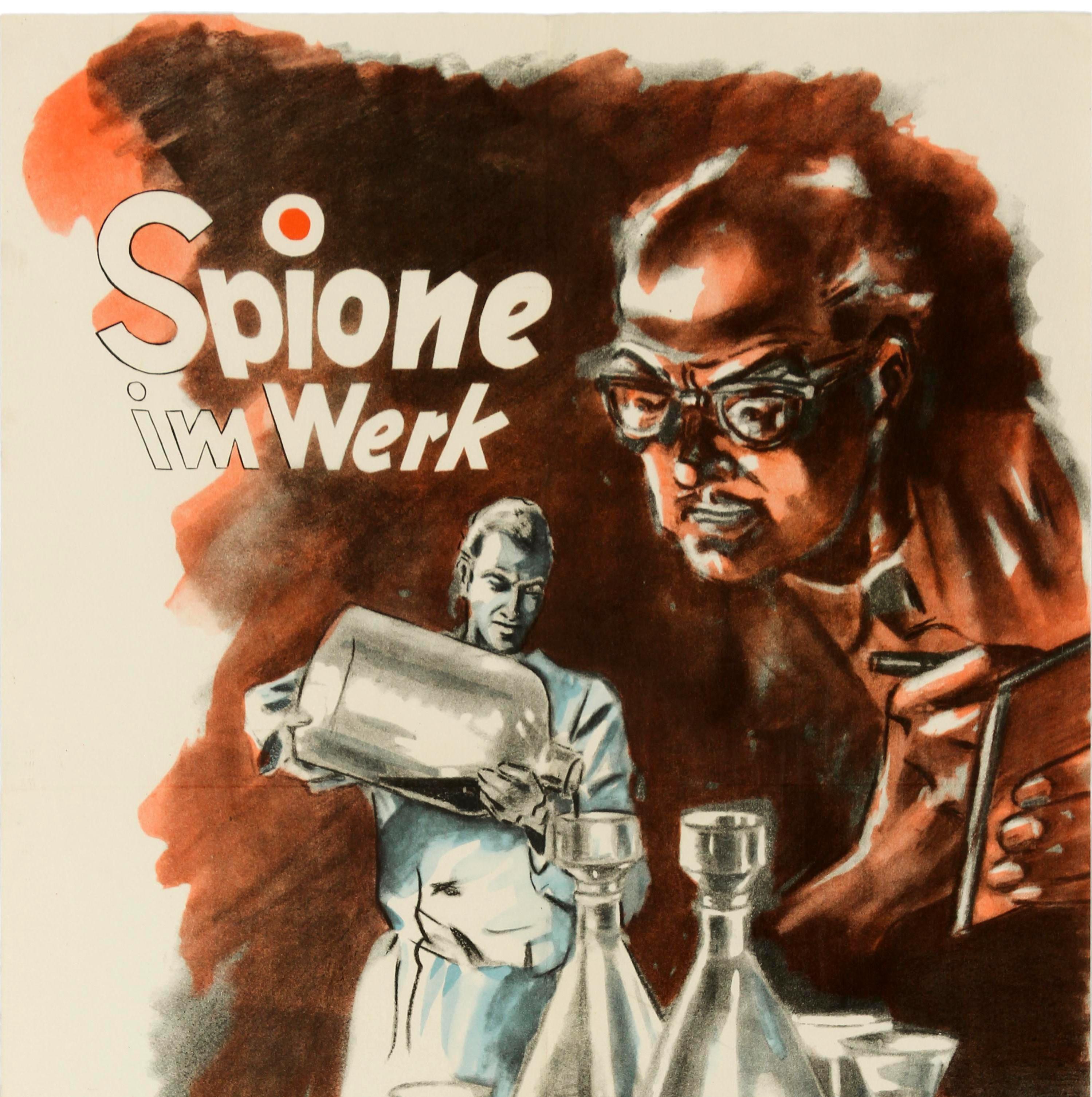 Original vintage German propaganda poster issued by the VFF Volksbund fur Frieden und Freiheit / People's Commission for Peace and Freedom featuring a communist spy looking over a science laboratory worker from the background, making notes as the