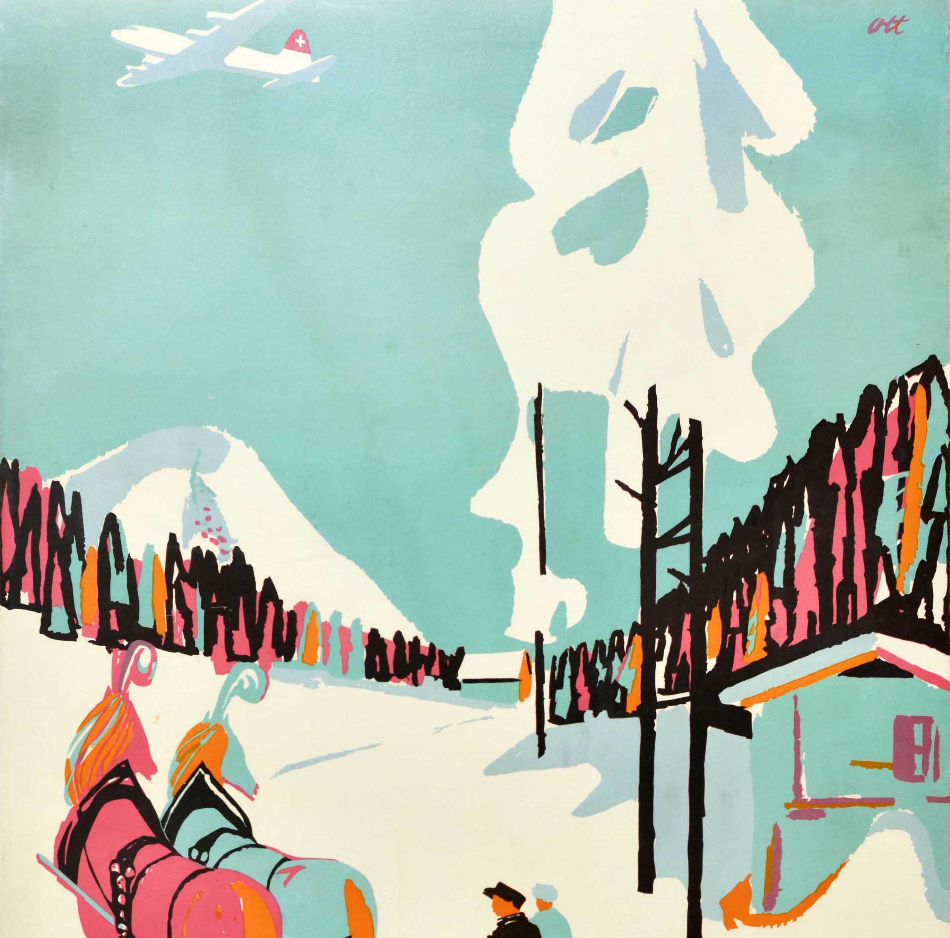 Original vintage travel poster - Winter sports in Switzerland? Of course, with Swissair / Sports d'hiver en Suisse? Bien entendu, avec la Swissair - featuring colourful artwork by Henri Ott (b.1919) depicting a scenic view of people on a horse drawn