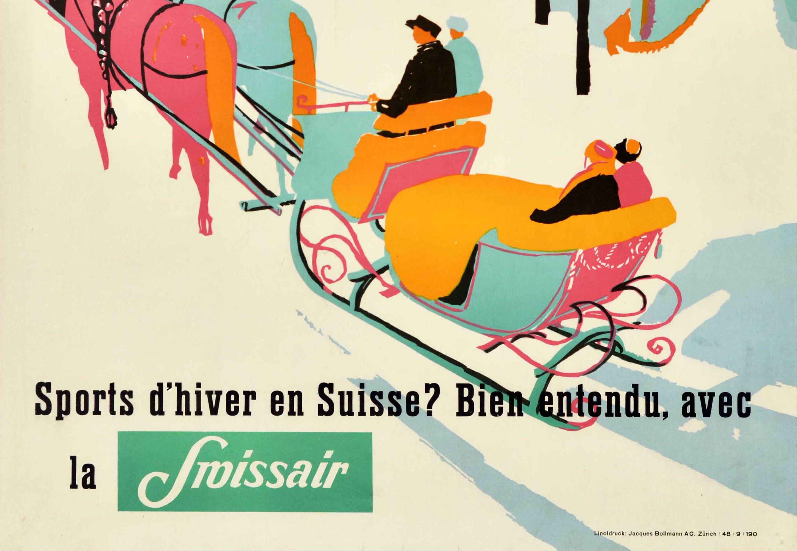Original Vintage Poster Sports D'hiver En Suisse Winter Switzerland Swissair Art In Good Condition For Sale In London, GB