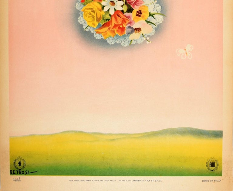 Italian Original Vintage Poster Spring In Italy Travel Flowers Hills Flag Butterflies For Sale
