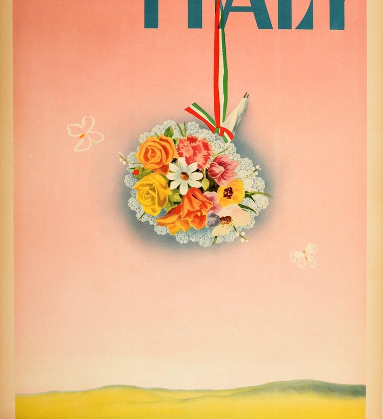 Original Vintage Poster Spring In Italy Travel Flowers Hills Flag Butterflies In Good Condition For Sale In London, GB