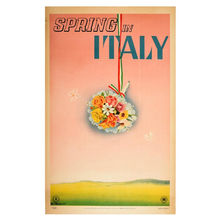 Original Vintage Poster Spring In Italy Travel Flowers Hills Flag Butterflies For Sale