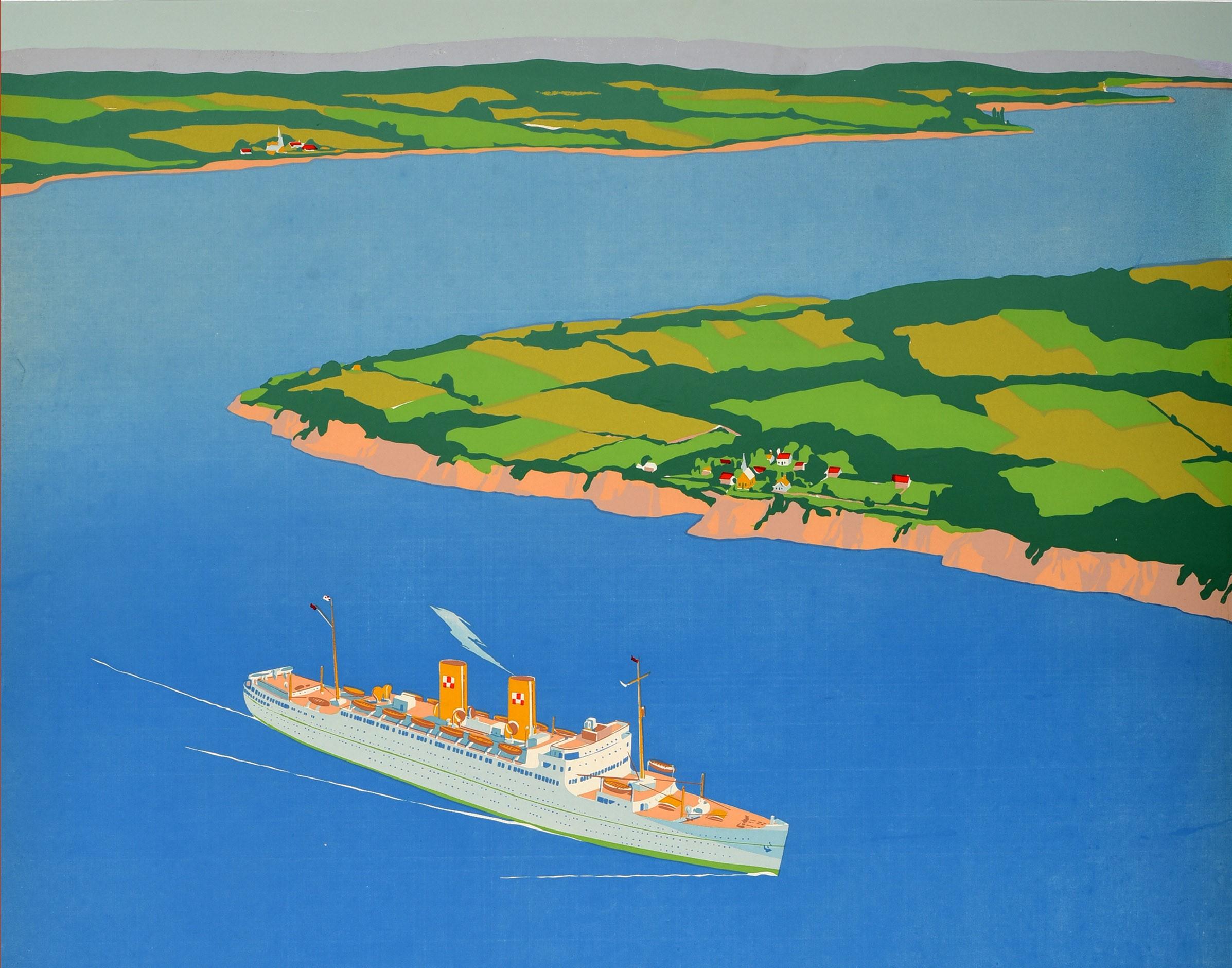 Original vintage cruise travel poster for The St Lawrence Route to Europe issued by Canadian Pacific featuring a great image viewed from above of an ocean liner sailing along a scenic river passing three sailing boats with villages, trees and fields