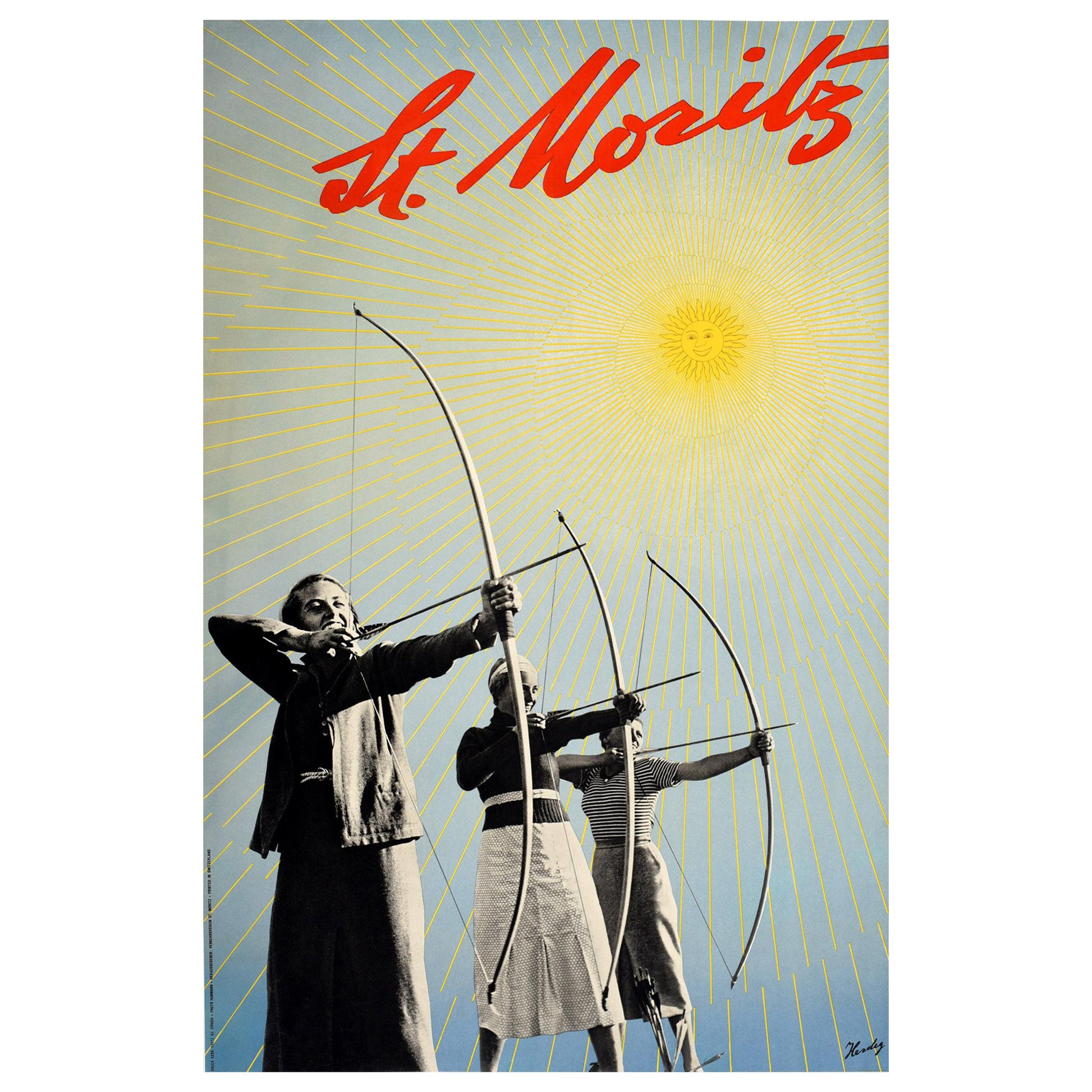 Original Vintage Poster St Moritz Swiss Alps Winter Sport Archery Travel Design