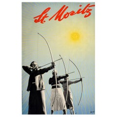 Original-Vintage-Poster, St. Moritz, Schweizer Alpen, Wintersport, Bogen, Reise, Design