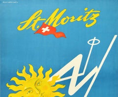 Poster originale d'epoca St. Moritz, Svizzera, Sci Sole Montagne Bandiera Svizzera