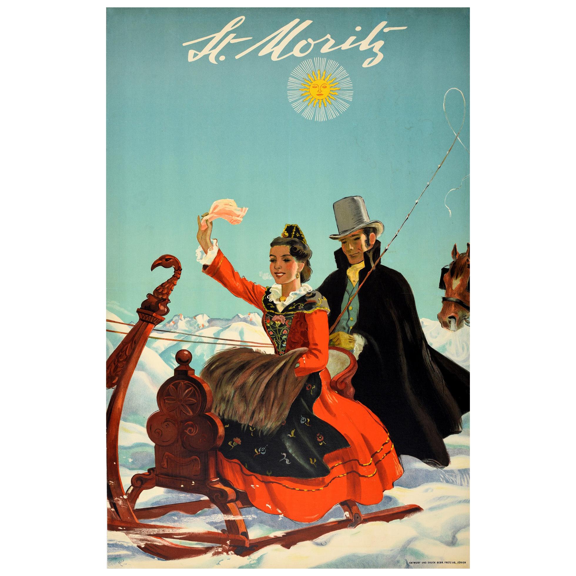 Original Vintage Poster St Moritz Switzerland Swiss Alps Travel Horse Sleigh Art