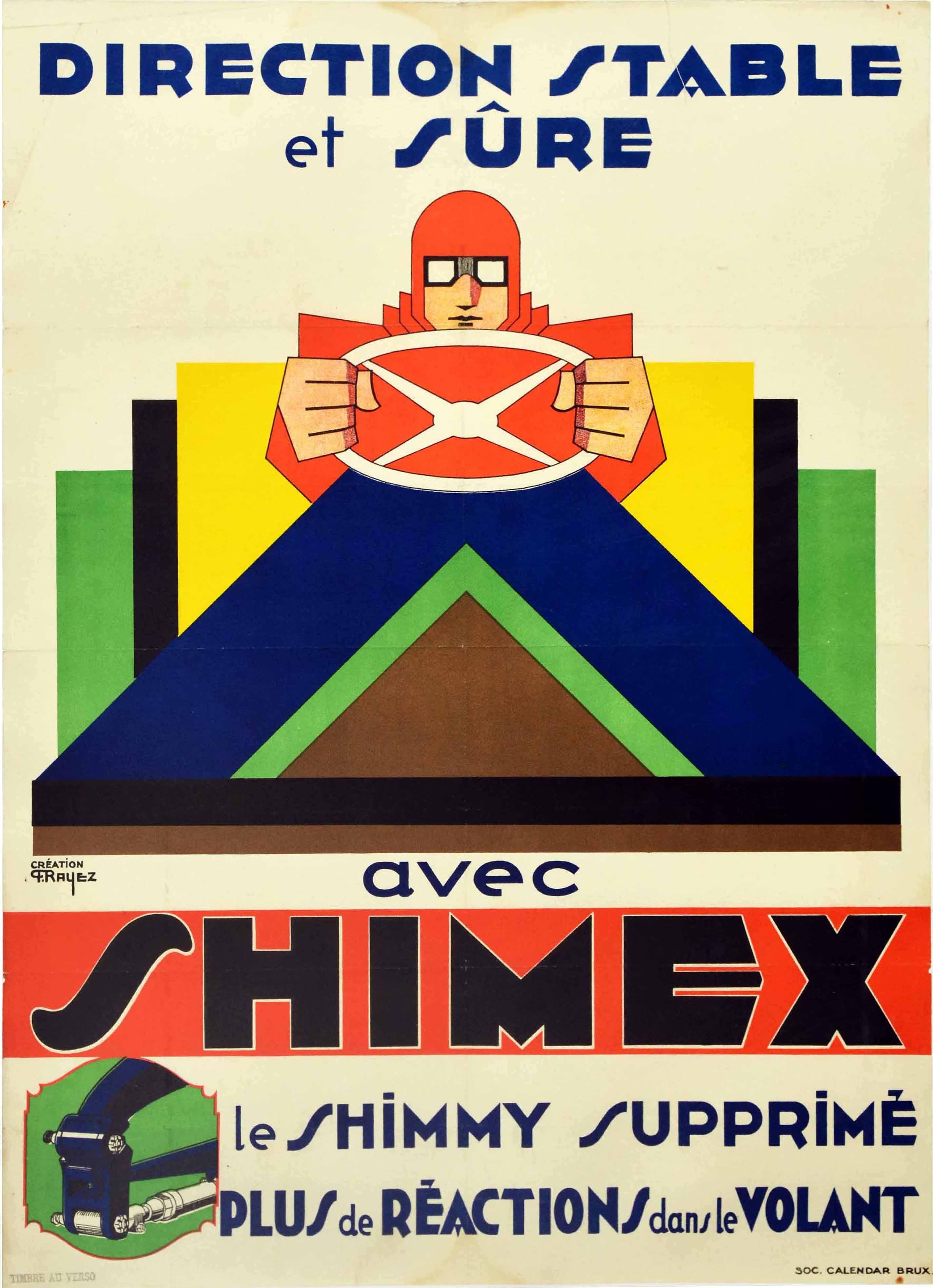 Original vintage advertising poster for steering wheel shimmy by Shimex - Direction Stable et Sure avec Shimex. Le shimmy supprime plus de reactions dans le volant / Stable and Sure Steering with Shimex. The shimmy removes more reactions in the