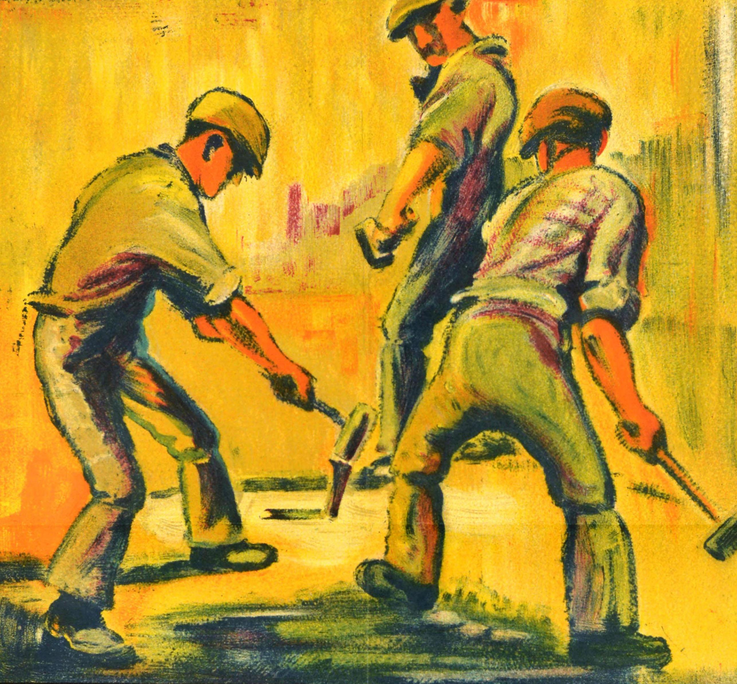 Affiche originale d'époque - Steady does it Save regularly Acheter des bons d'épargne dans n'importe quelle banque bureau de poste ou par l'intermédiaire d'une association d'épargne - comportant une illustration dynamique d'ouvriers avec des
