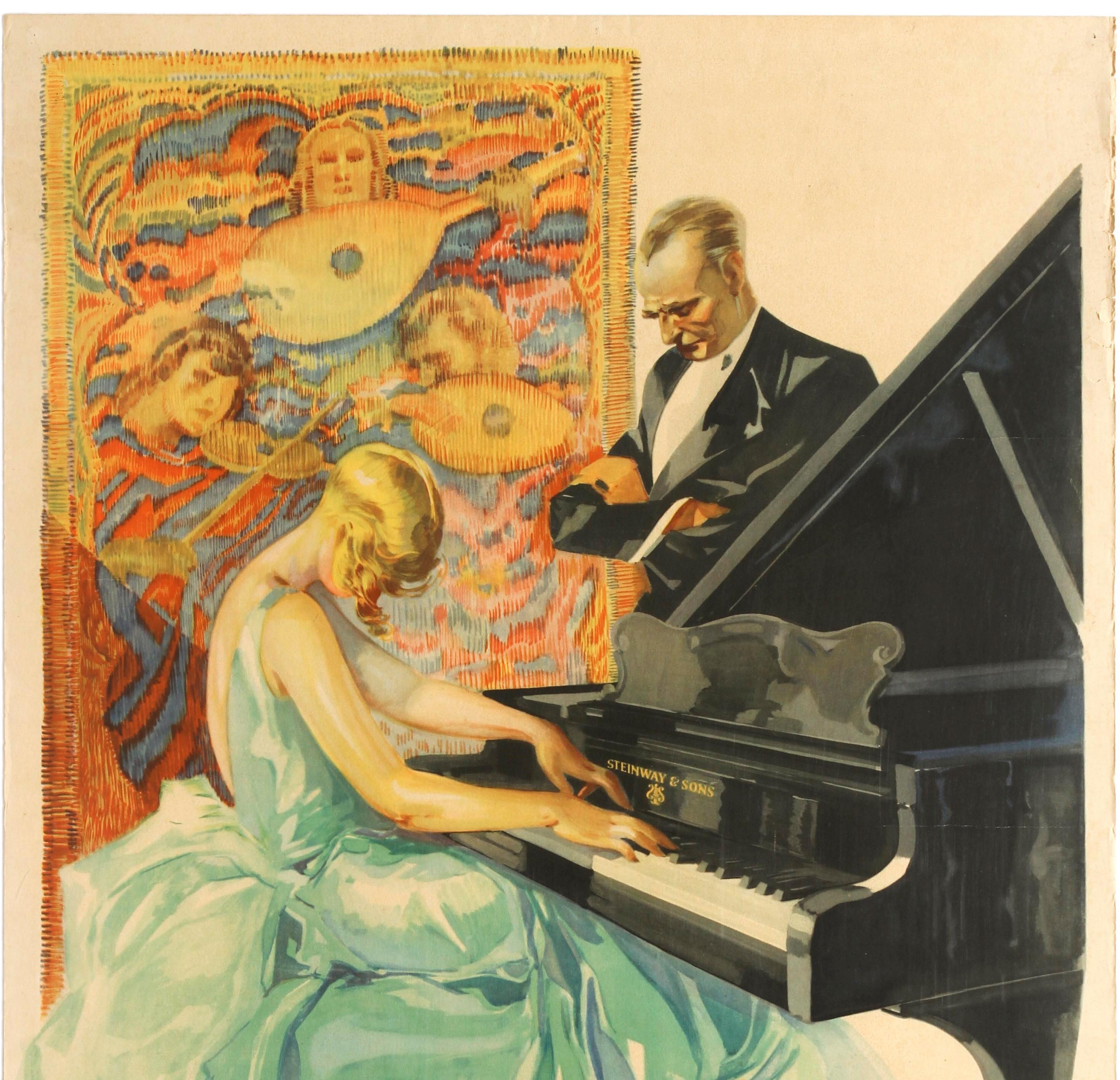 Original vintage advertising poster for Steinway pianos featuring a great illustration by the German artist Werner Von Axster-Heudtlass (1898-1949) depicting a young lady wearing a fabulous dress flowing around the piano stool, playing the piano