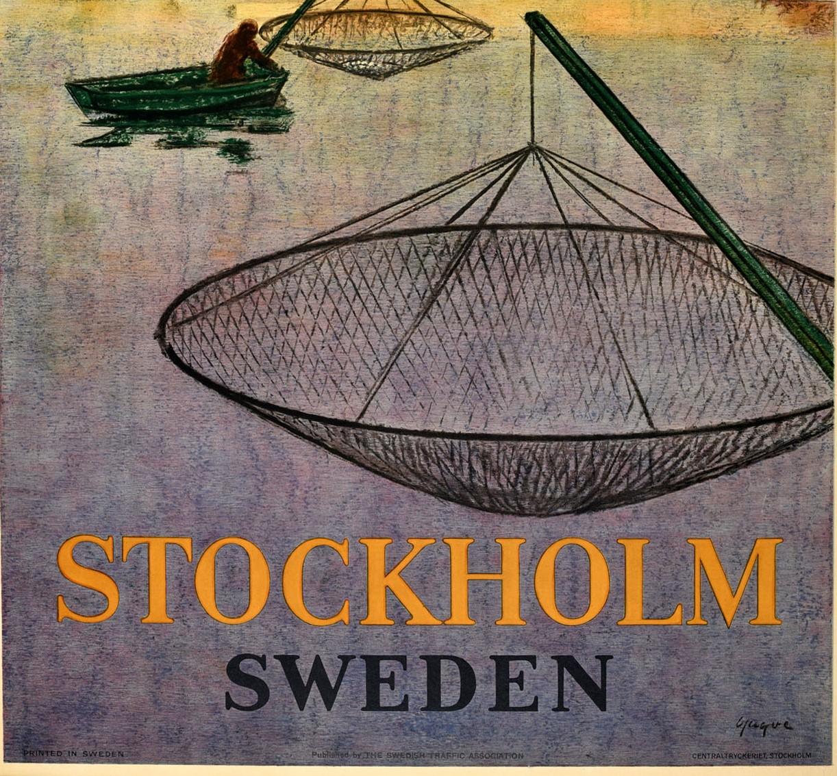 Original Vintage Poster Stockholm Sweden Travel Art Fishing Swedish Royal Palace In Good Condition In London, GB