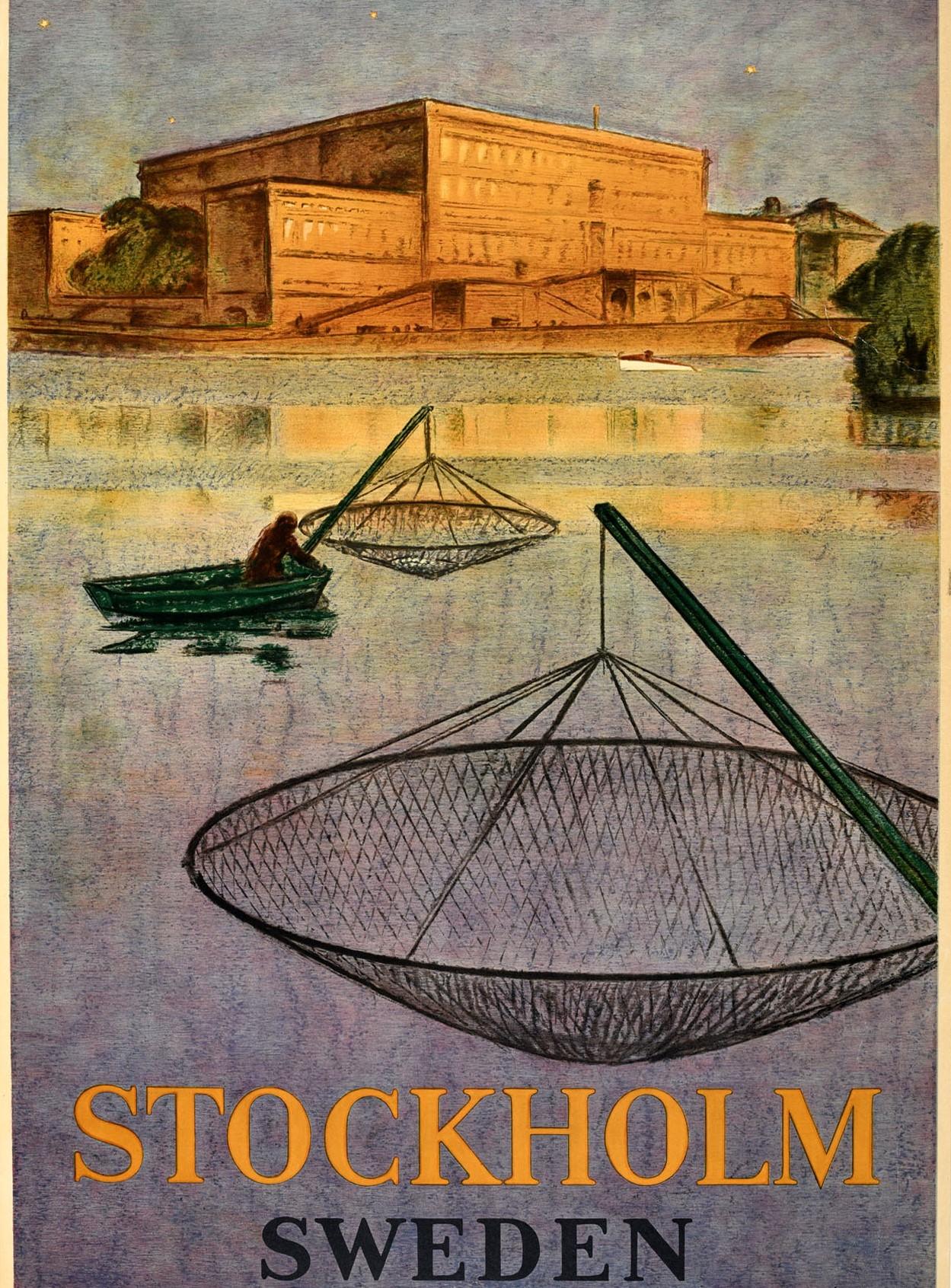 Mid-20th Century Original Vintage Poster Stockholm Sweden Travel Art Fishing Swedish Royal Palace