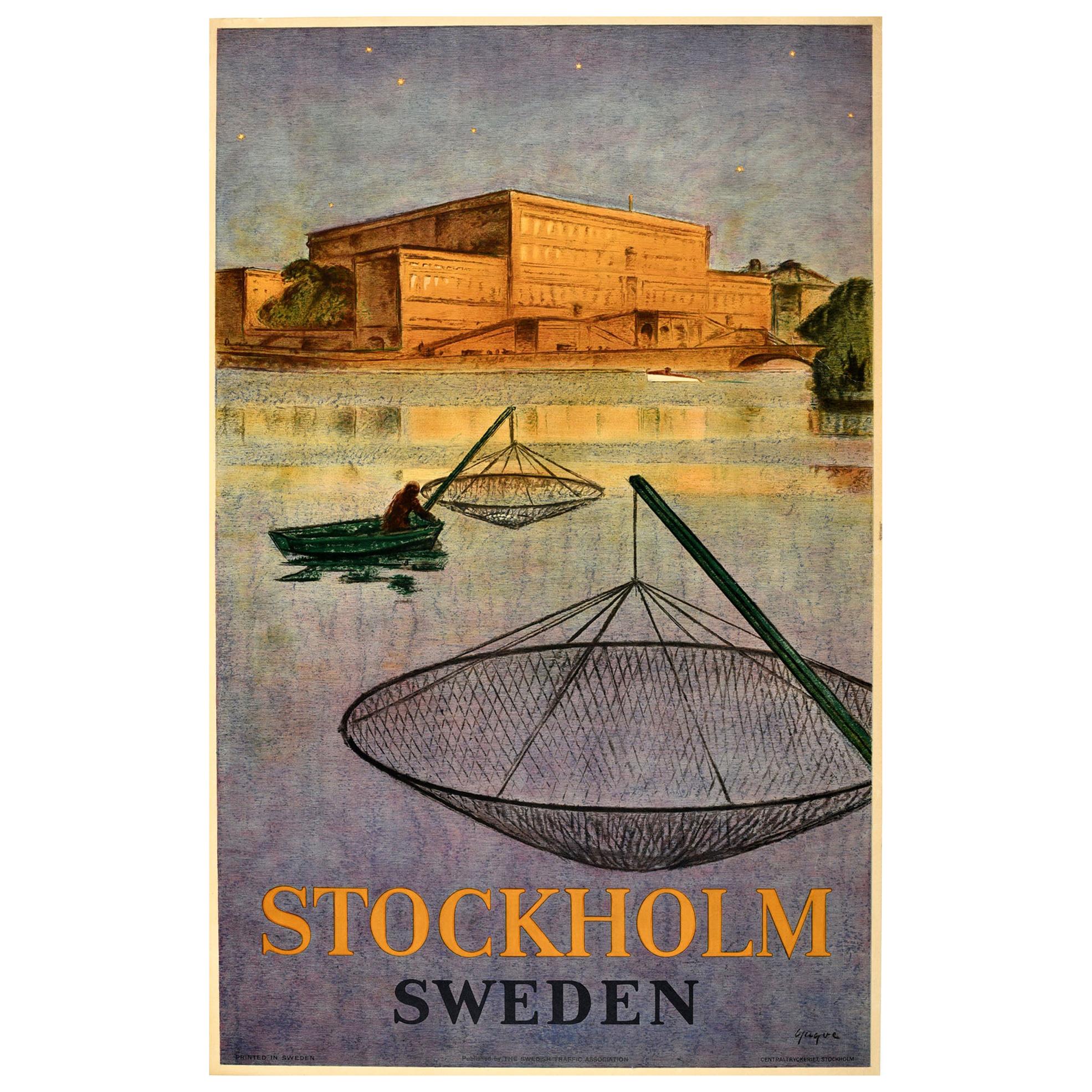 Original Vintage Poster Stockholm Sweden Travel Art Fishing Swedish Royal Palace