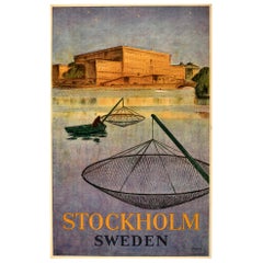 Original Vintage Poster Stockholm Sweden Travel Art Fishing Swedish Royal Palace