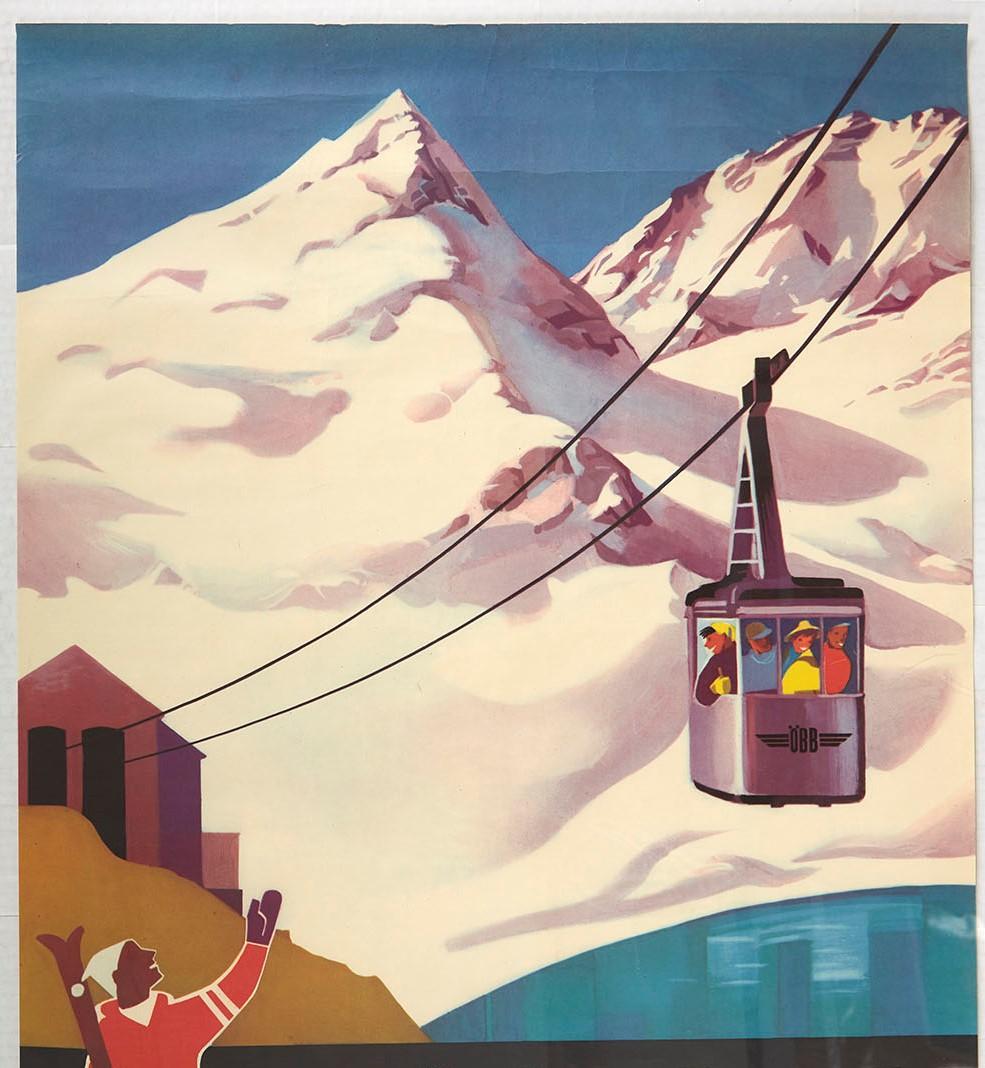 Original vintage poster for the Stubach Weissee Seilbahn cable car featuring a scenic winter sport image of a skier on the side holding his skis and ski poles in one arm and waving to the smiling people in the cable car enjoying the view of the