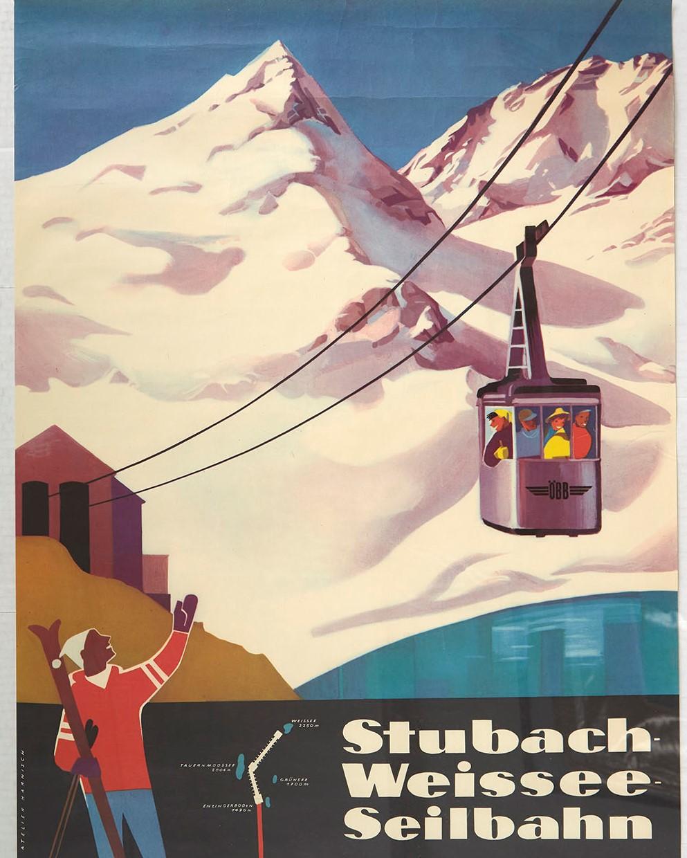 Original Vintage Poster Stubach Weissee Seilbahn Winter Sport Skiing Travel Art In Good Condition In London, GB