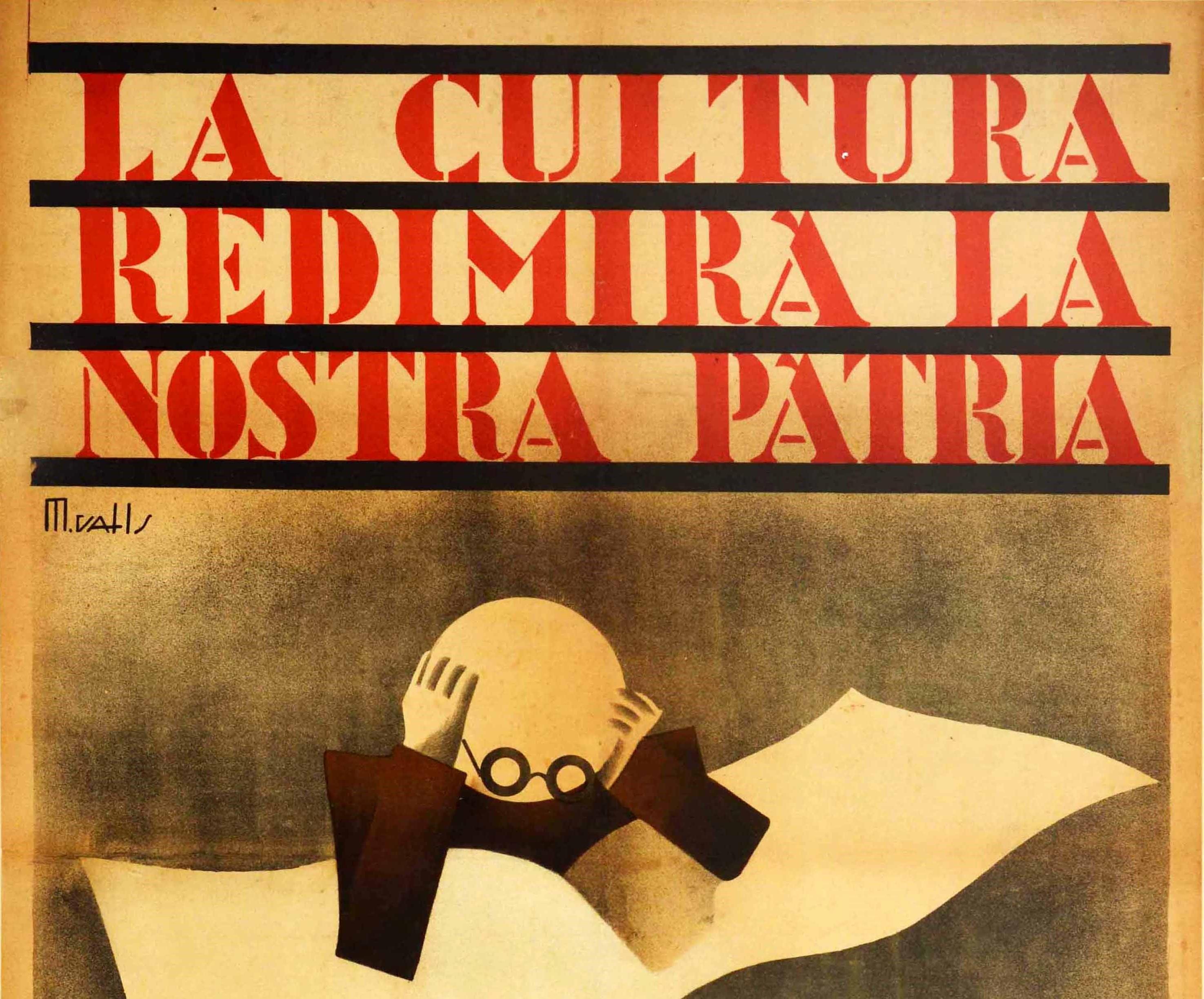 Original vintage propaganda poster issued during the Civil War in Spain - Culture Redeems Our Homeland Let's study! / La Cultura Redimira La Nostra Patria Estudiem! - issued by the F.N.E.C. Federacio Nacional d'Estudiants de Catalunya / Catalan