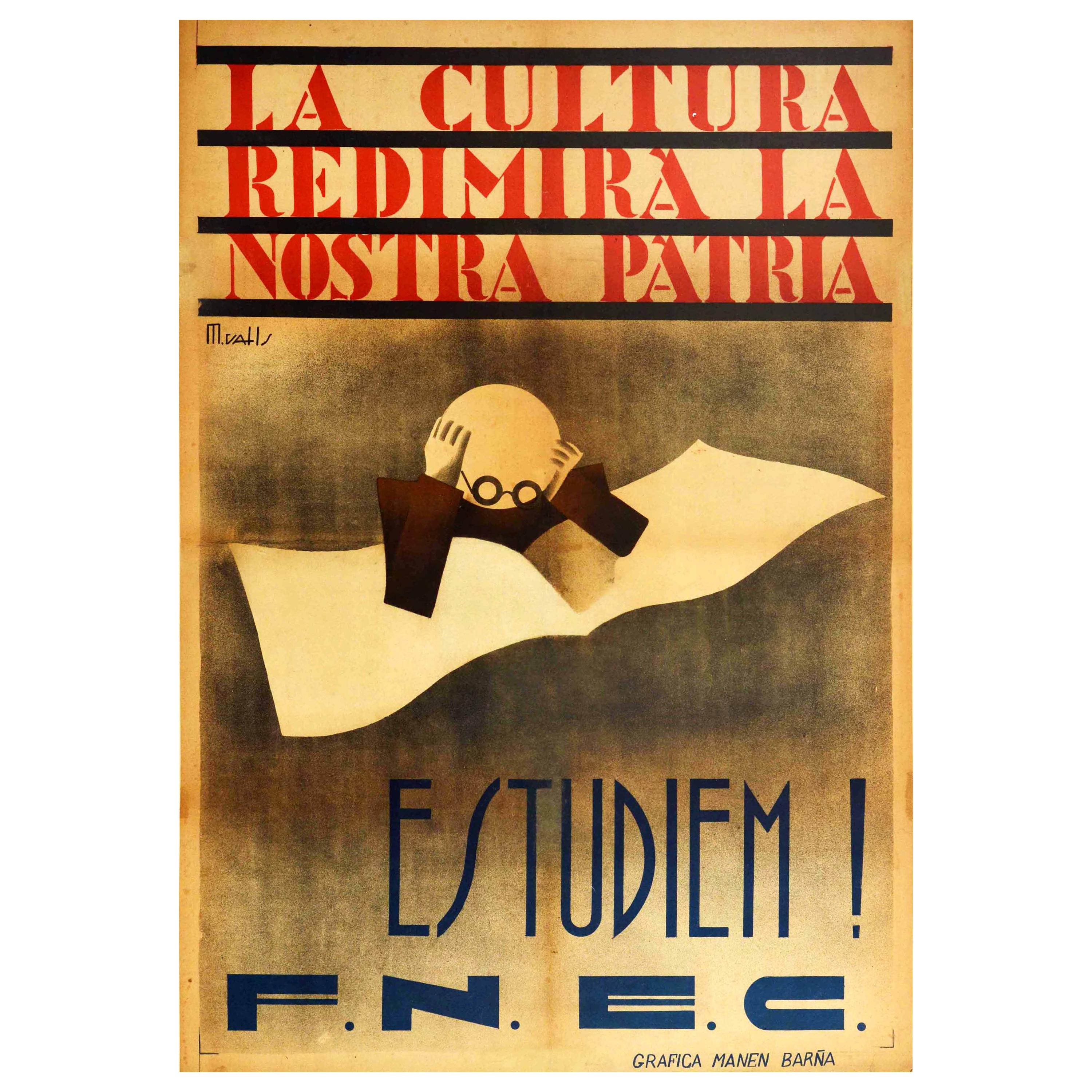 Original Vintage Poster Student Culture Our Homeland Let's Study Civil War Spain