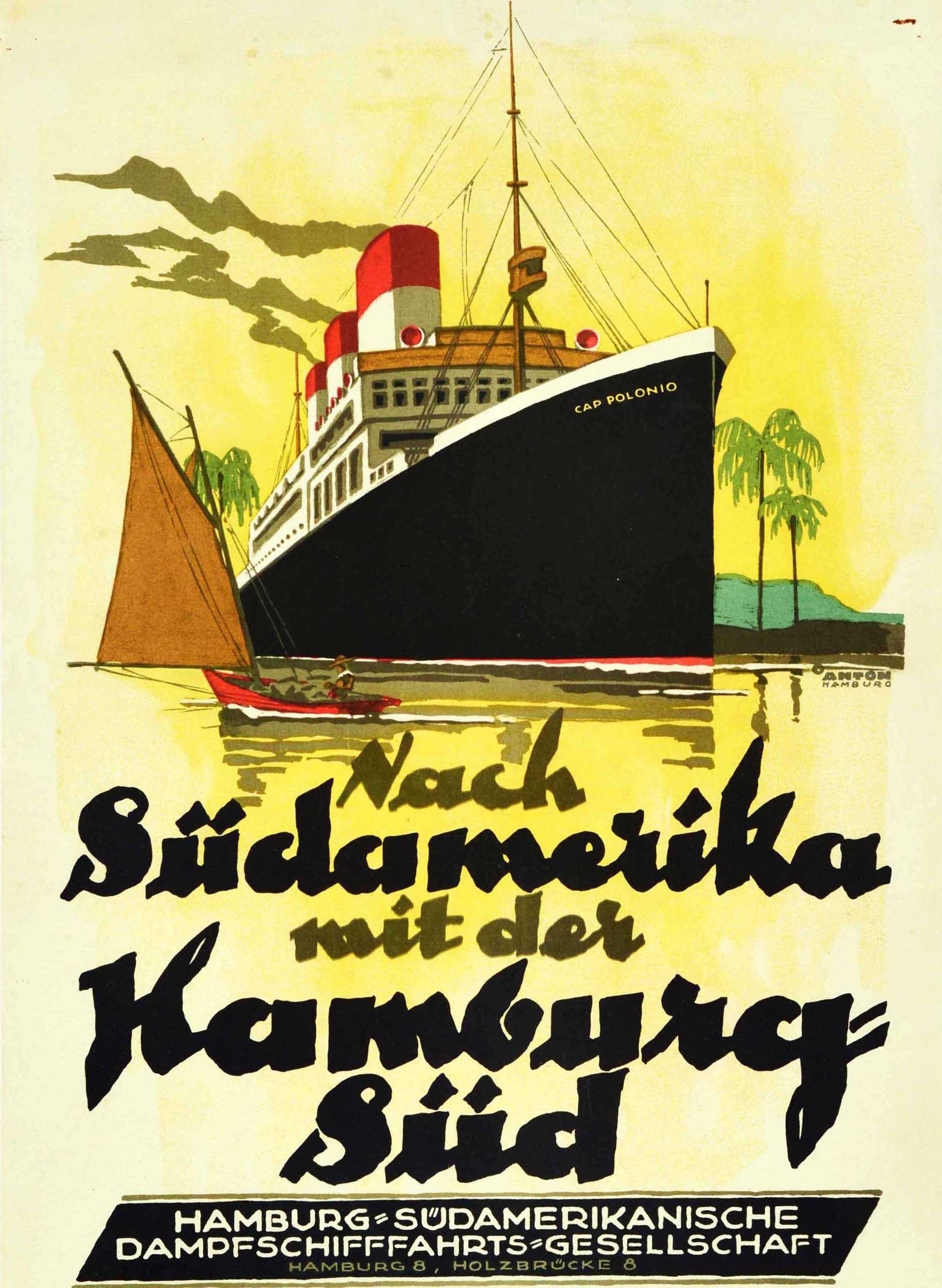 Original Vintage Poster Sudamerika S America Hamburg Sud Cruise Ship CAP Polonio In Good Condition For Sale In London, GB