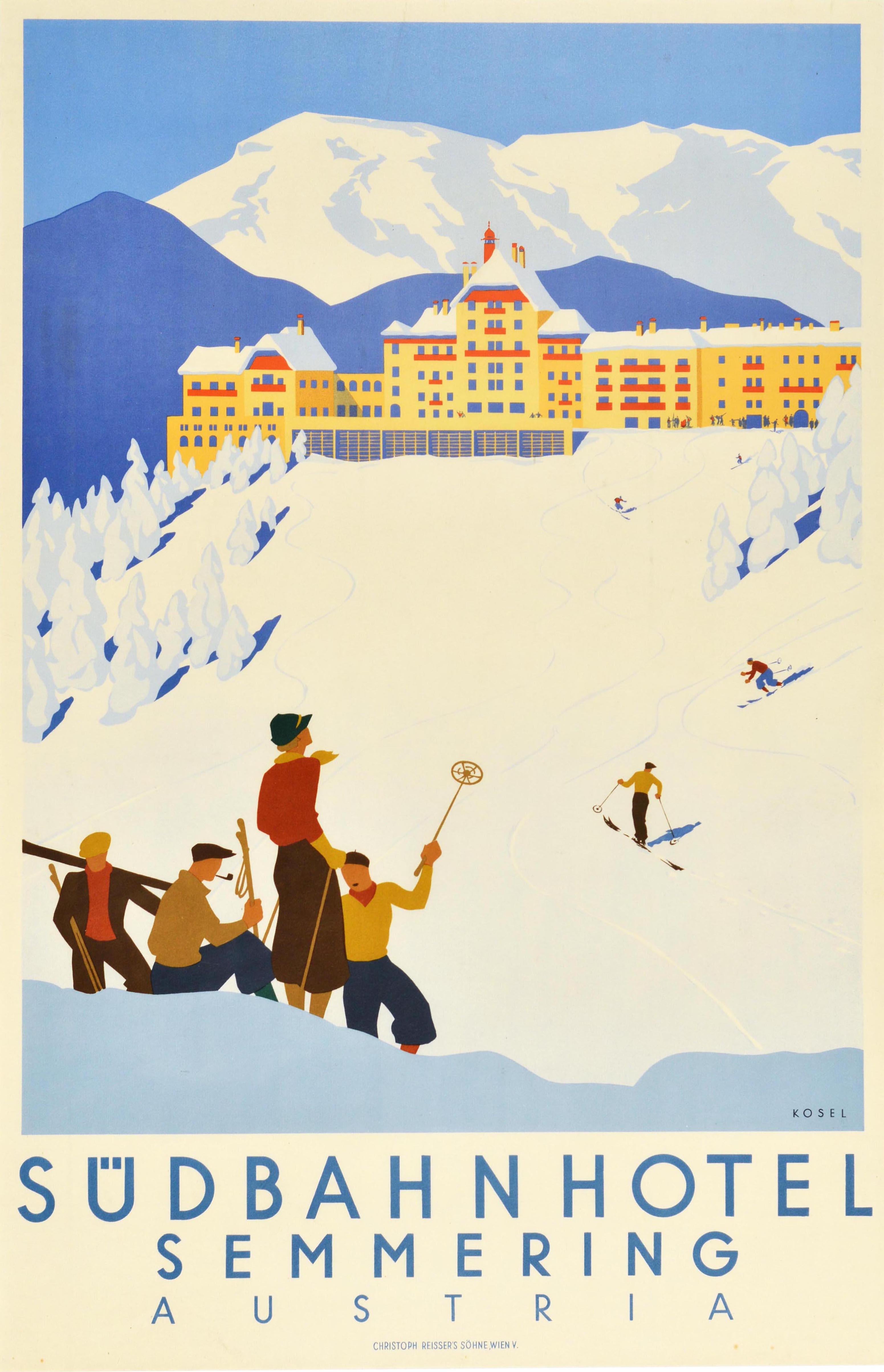 Original vintage travel advertising poster for the Sudbahnhotel in Semmering featuring a great Art Deco style image of people skiing down the slopes in front of the imposing grand hotel with snowy mountains on the horizon and snow topped trees on