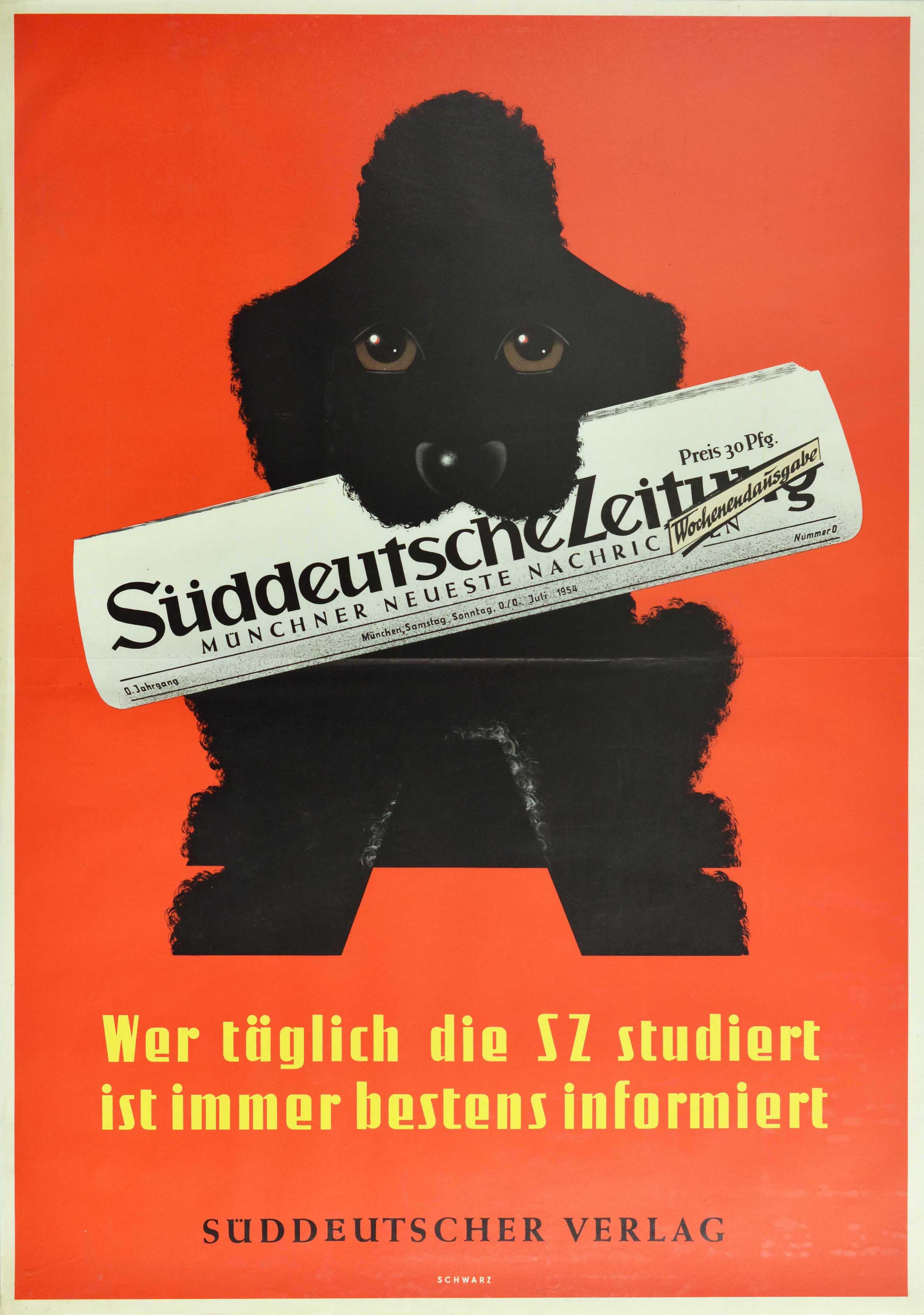 Original vintage advertising poster for Suddeutsche Zeitung / the South German newspaper featuring a black fluffy poodle dog with large eyes looking at the viewer as it sits holding a copy of the weekend newspaper in its mouth, the caption in yellow