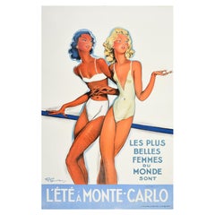 Original Vintage Poster Summer In Monte Carlo Travel Pin Up Design Belle Femmes