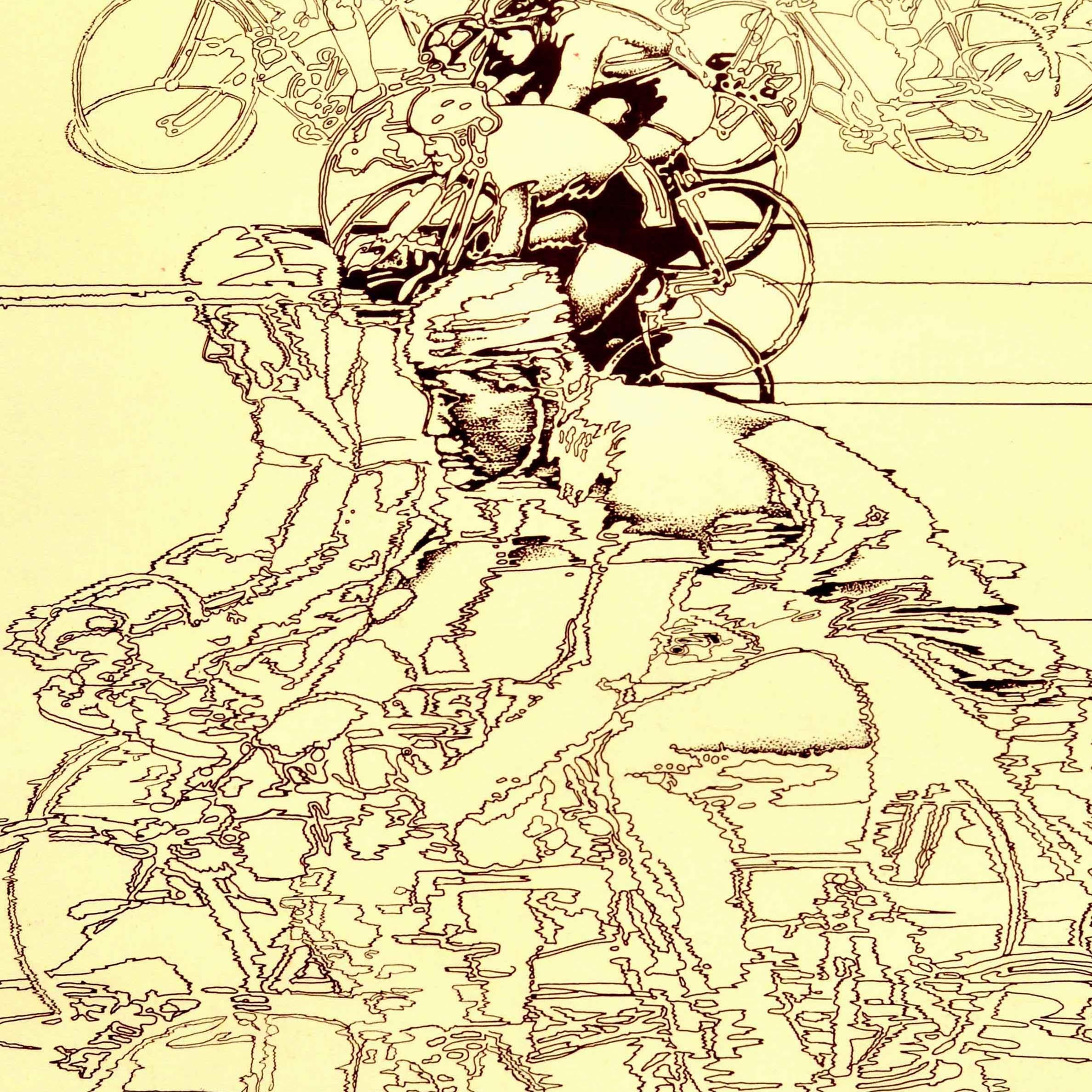Original Vintage-Sport-Plakat für die Olympischen Spiele 1980 in Moskau Russland mit einem dynamischen Design von Radfahrern Geschwindigkeit um eine Strecke im Wettbewerb gegeneinander auf ihren Fahrrädern mit dem Radfahren Veranstaltung Symbol und