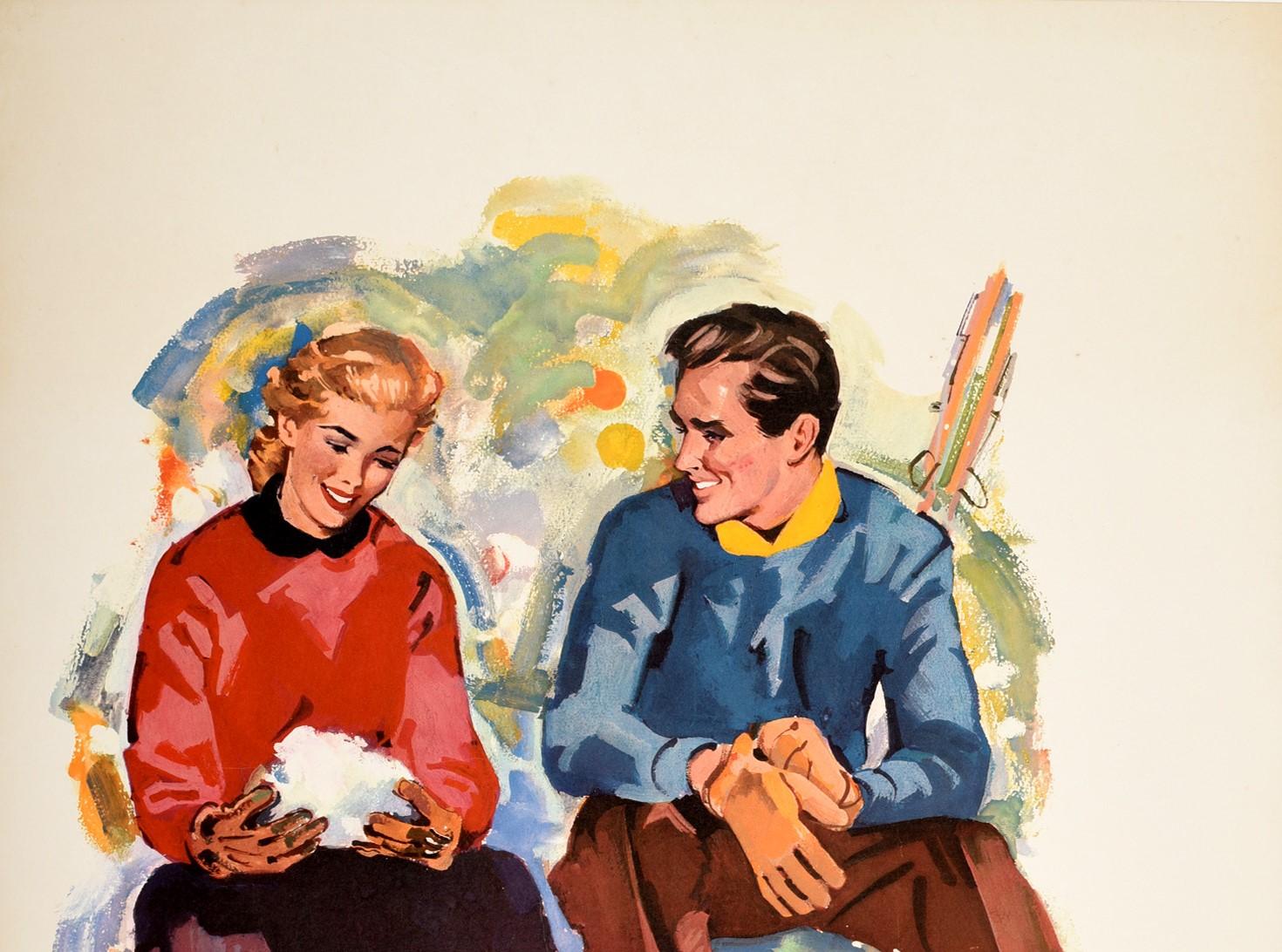 Original vintage travel advertising poster for the Sun Valley ski resort in Idaho Owned and operated by Union Pacific Railroad (1936-1964). Colorful artwork by the American artist William Willmarth (1898-1984) depicting a fashionable young couple