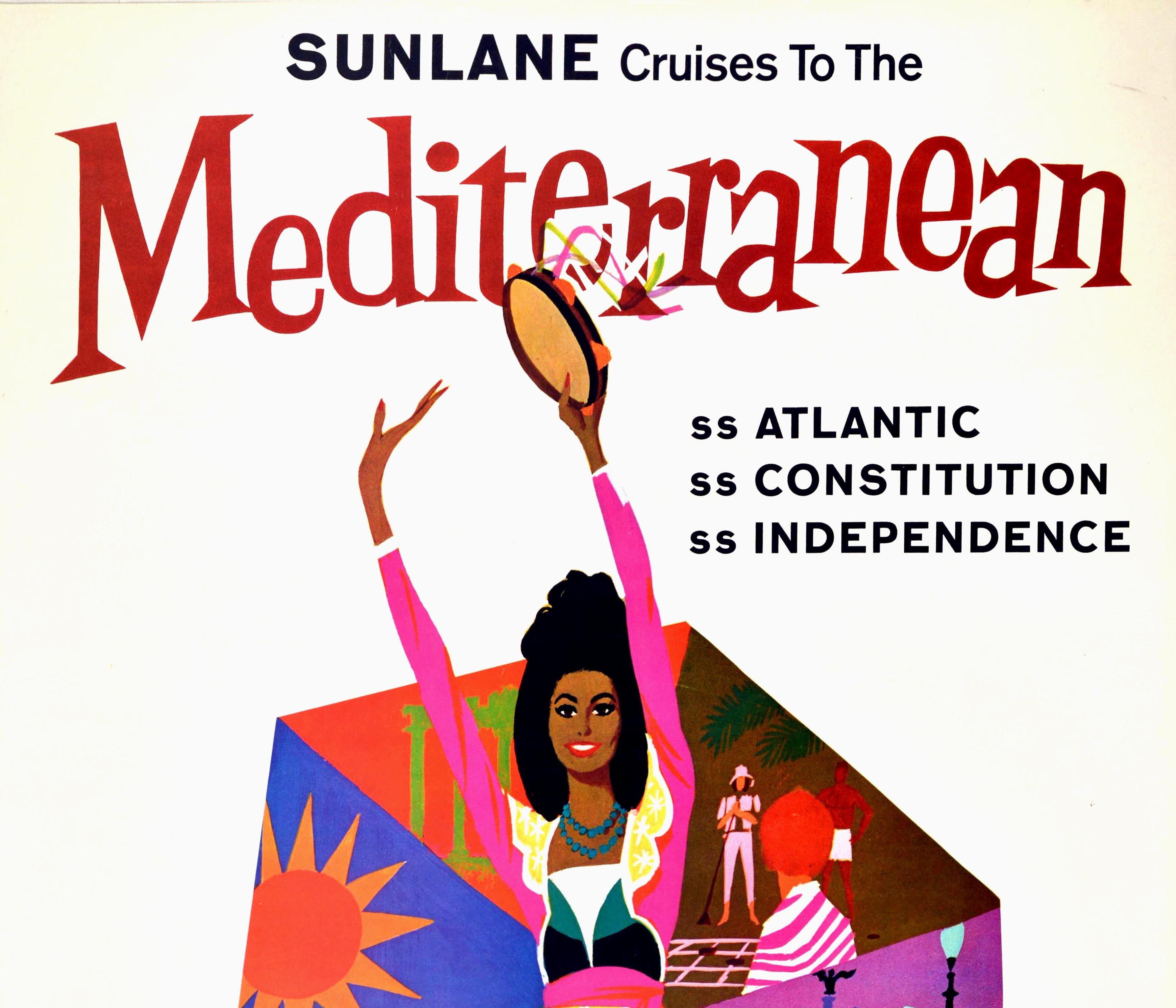 Original vintage travel poster for Sunlane Cruises to the Mediterranean on the SS Atlantic SS Constitution and SS Independence issued by American Export Isbrandtsen Lines featuring fun and colorful artwork of a lady dancing and playing music on a