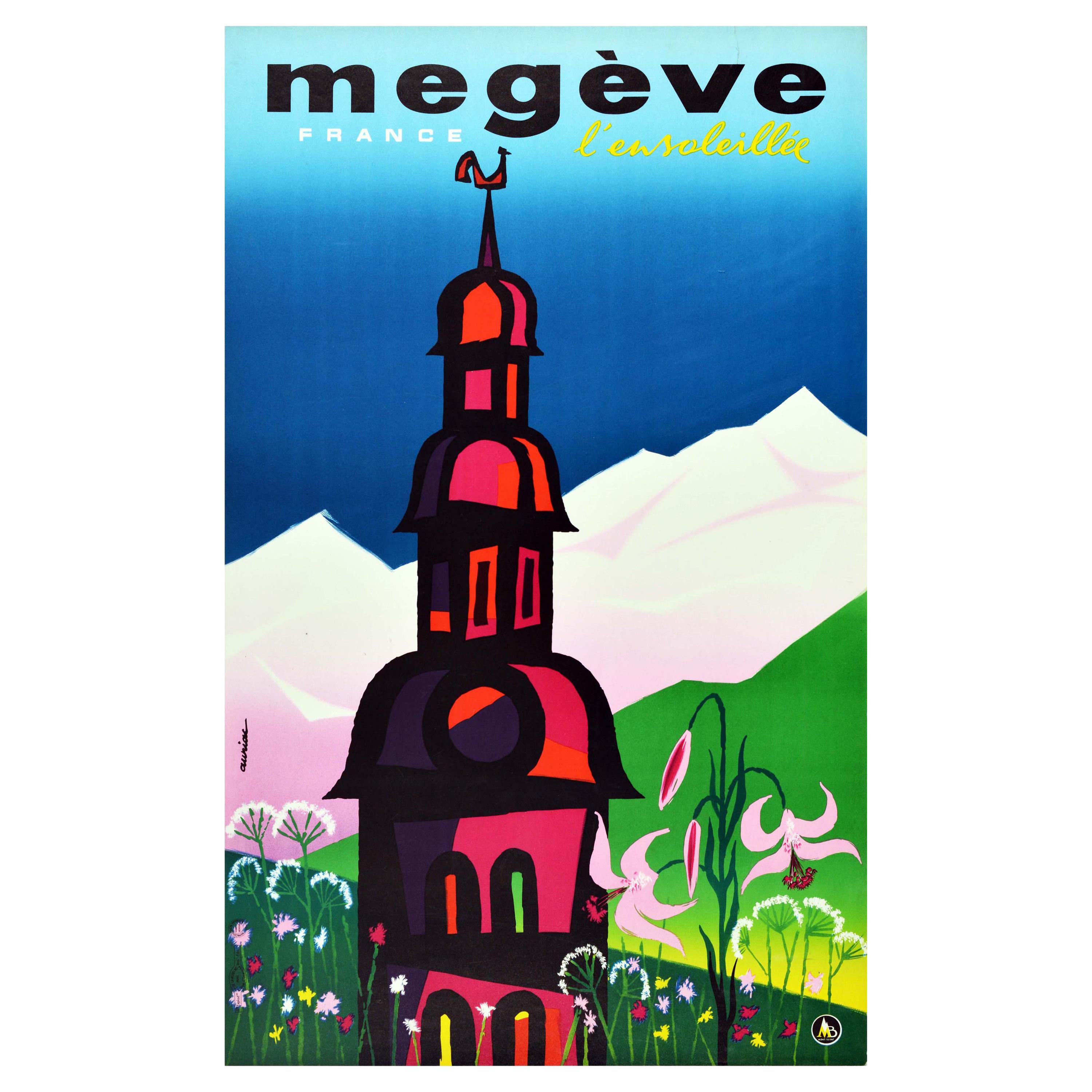 Original Vintage Poster Sunny Megeve Mont Blanc France Ski Resort Spring Flowers