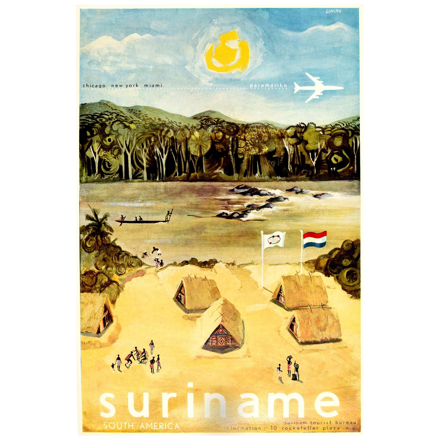 Affiche vintage d'origine Suriname South America Chicago New York Miami Paramaribo en vente