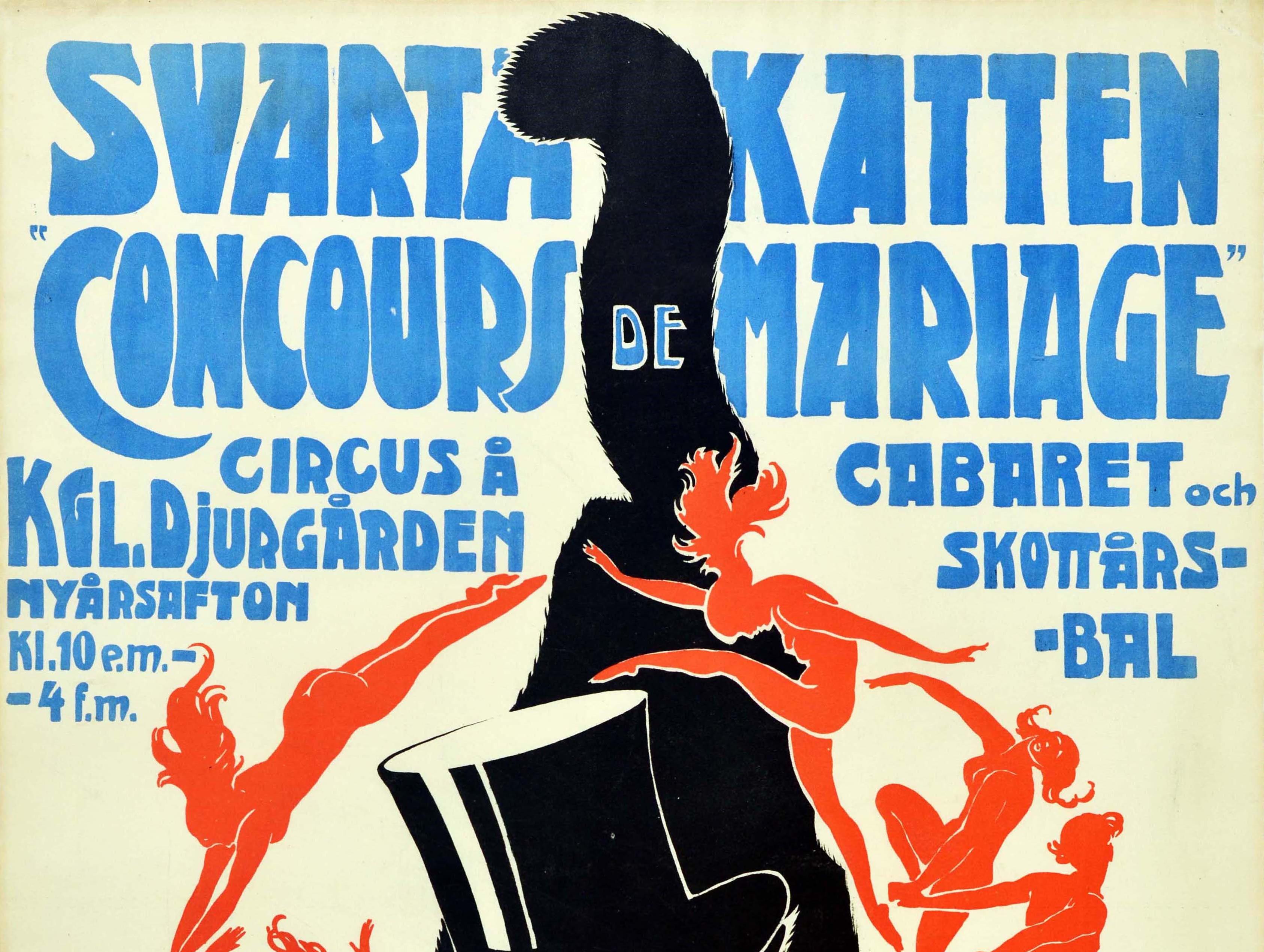 Original antique advertising poster for the Svarta Katten Concours de Mariage Circus a KGL Djurgarden Myarsafton Cabaret och Skottarsbal / Black Cat Wedding Contest Circus KGL Djurgarden New Year's Eve Cabaret and Scots Ball featuring a great design