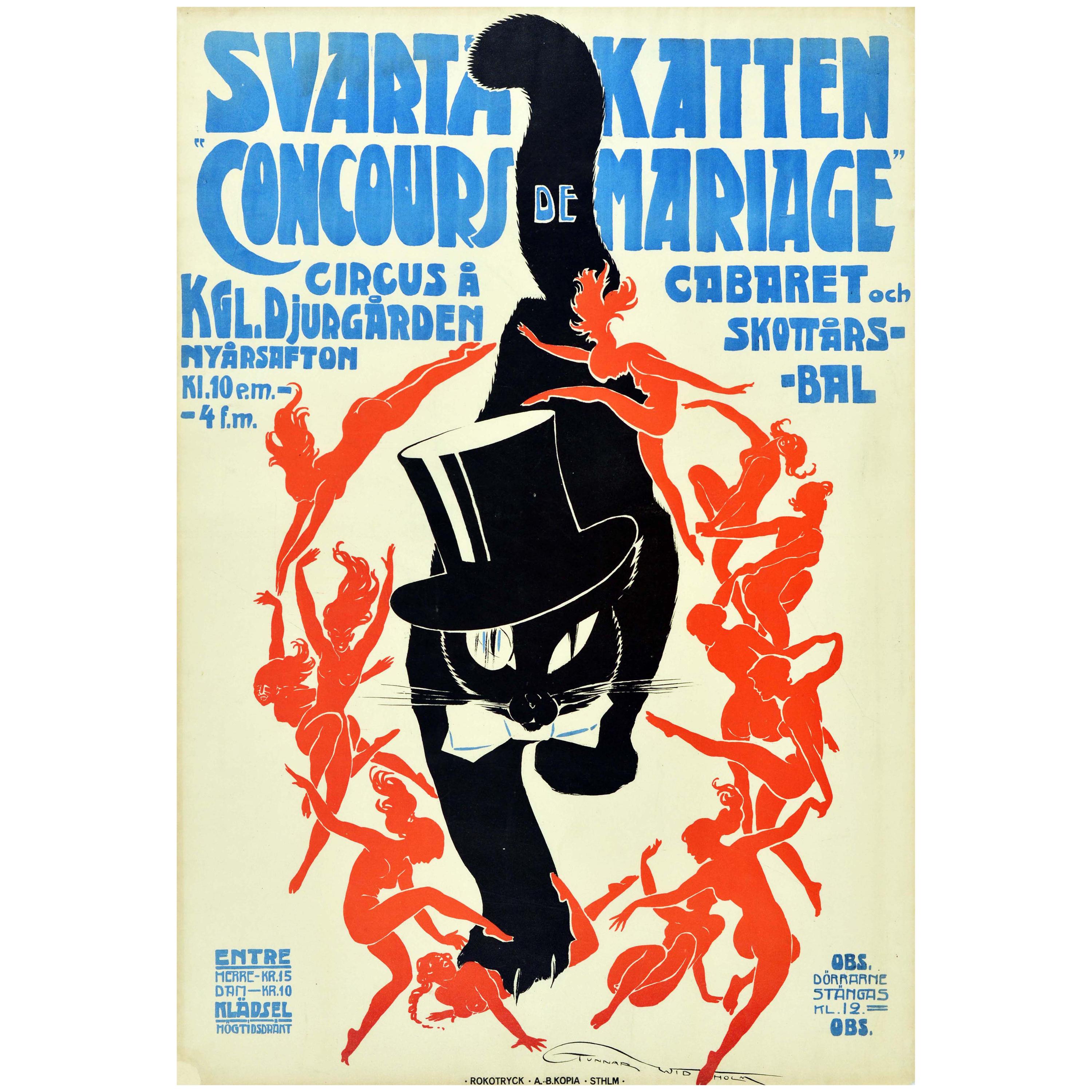 Original Vintage Poster Svarta Katten Black Cat Art New Year Cabaret Circus Ball