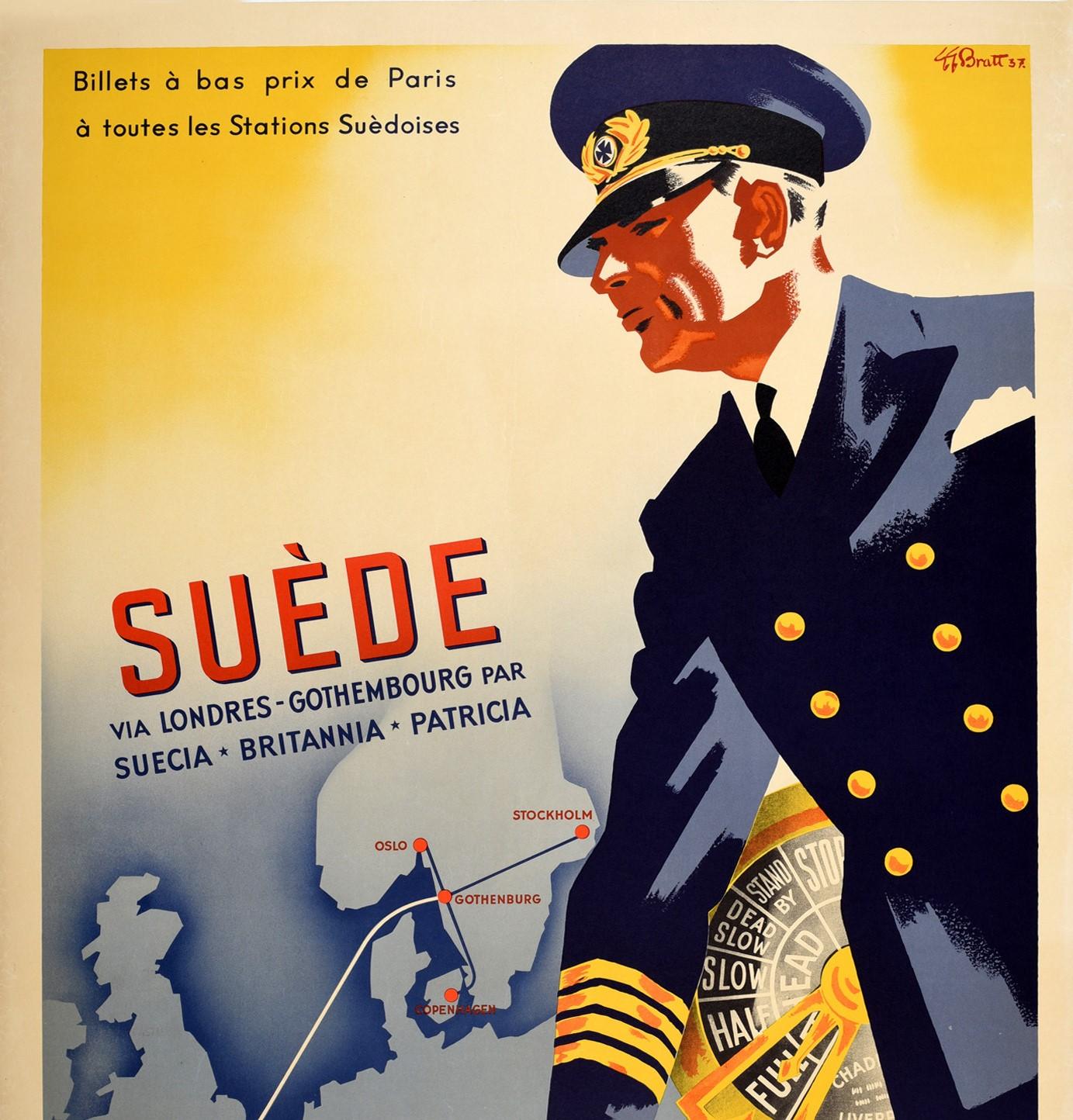 Original vintage cruise travel poster advertising Swedish Lloyd / Svenska Lloyd featuring great artwork of a captain in a smart blue uniform and hat with his hand on the engine order telegraph turned to full steam ahead powering the ship to the