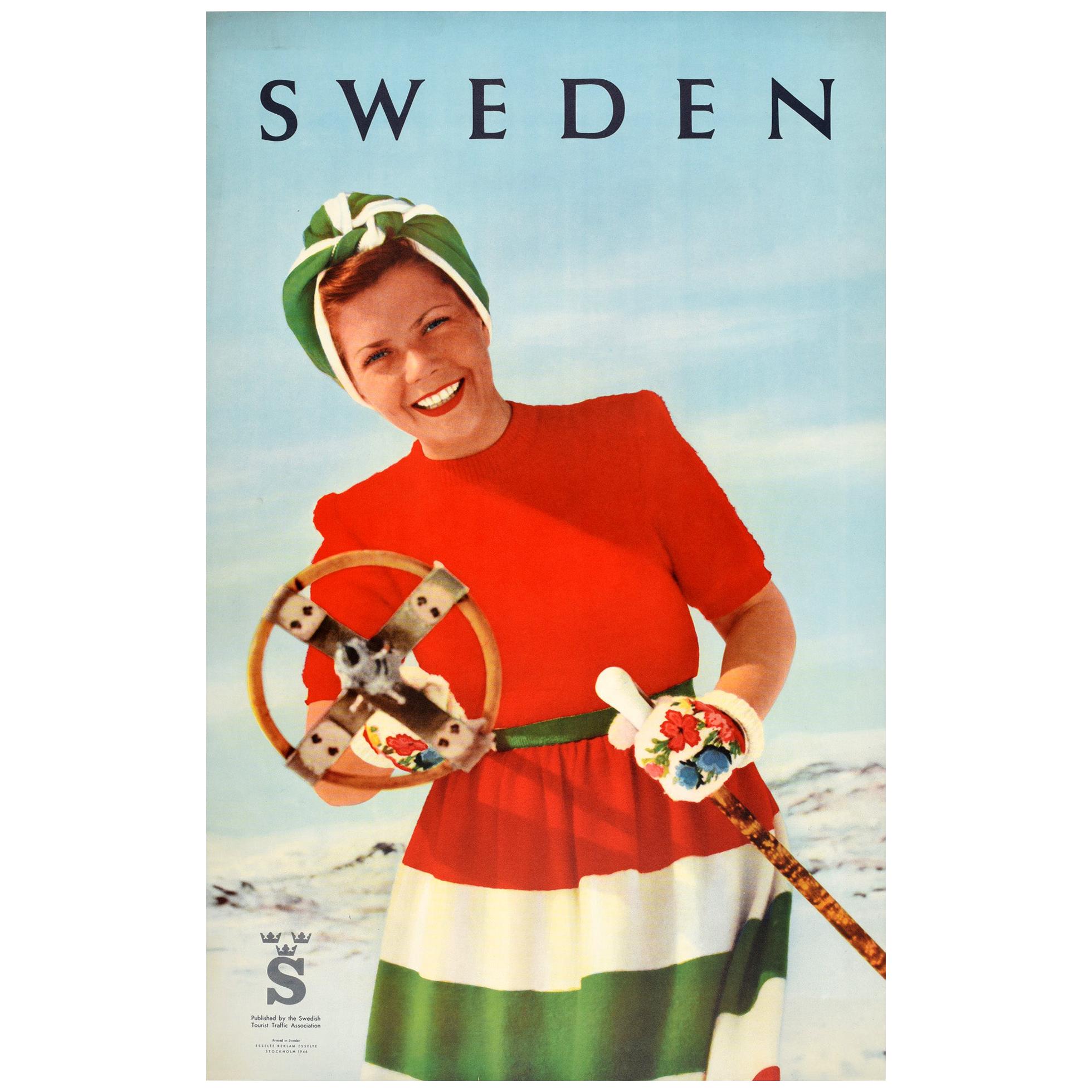 Affiche rétro originale, Suède, Ski, Voyage, Sport d'hiver, Dessin de montagne en vente