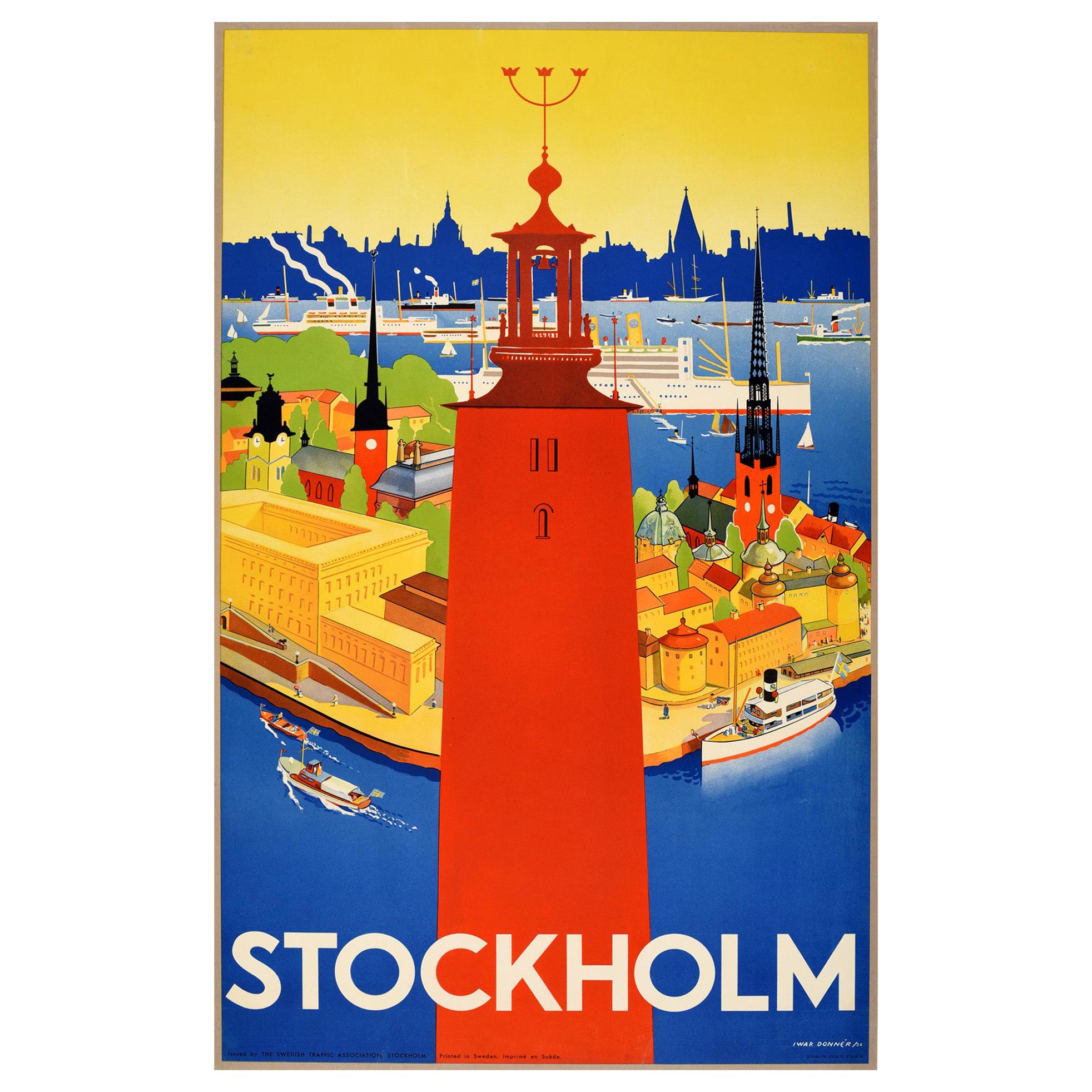 Original-Vintage-Poster, Schweden, Stockholmer Stadtzentrum, Schiffe, Reisen, Art déco-Design im Angebot