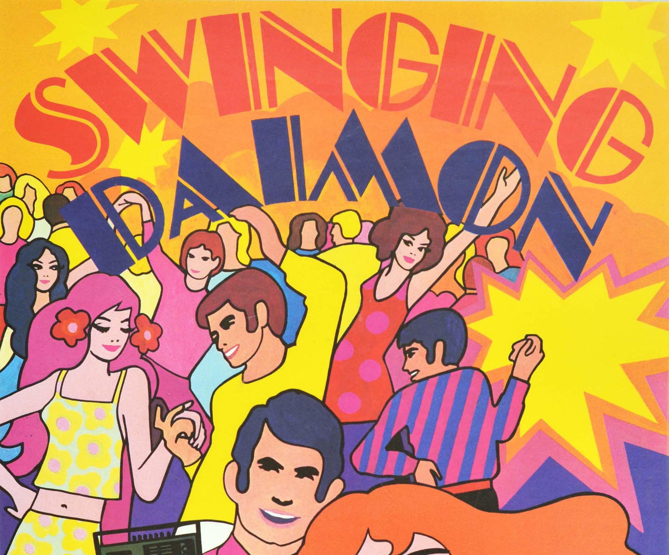 Original vintage advertising poster for Daimon radio - Swinging Diamon - featuring a colourful psychedelic sixties style design depicting happy people dancing in fashionable outfits with a smiling young lady and man holding a portable radio set in
